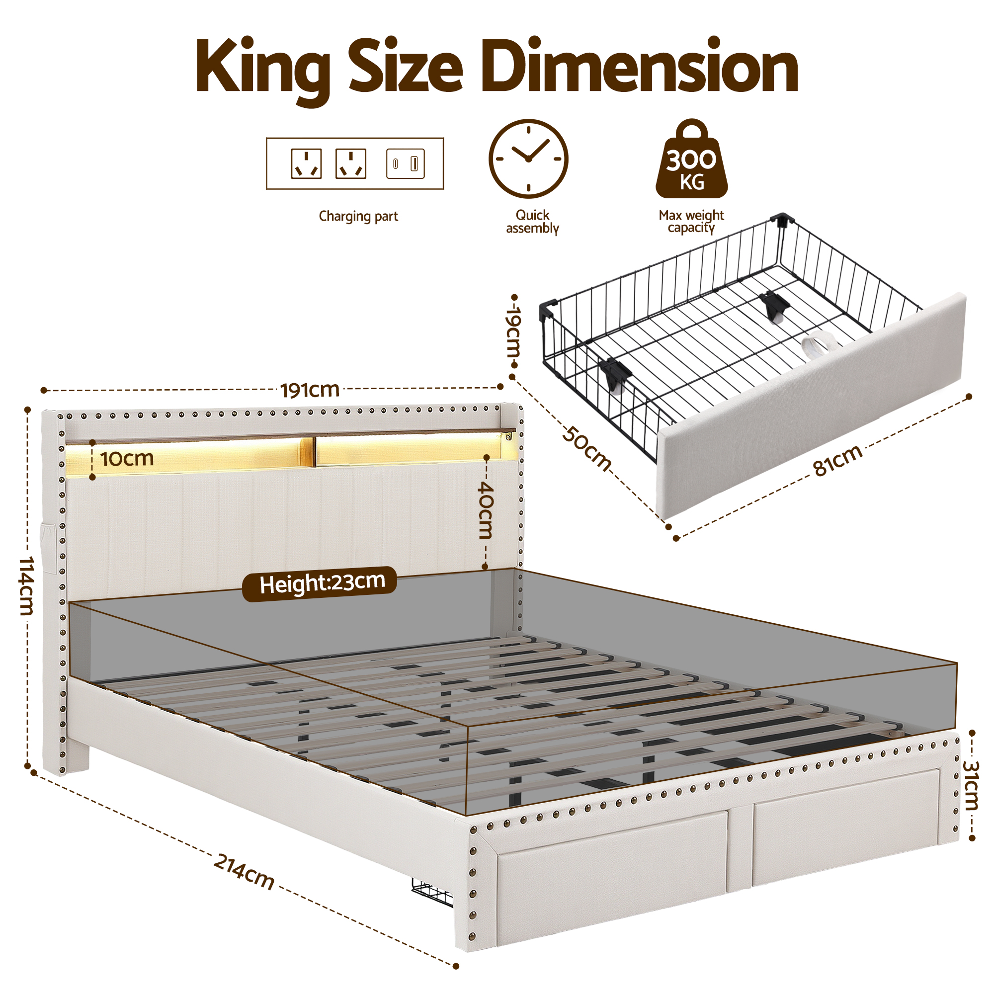 Artiss King Linen Bed Frame with Charging Station and Shelf view 2