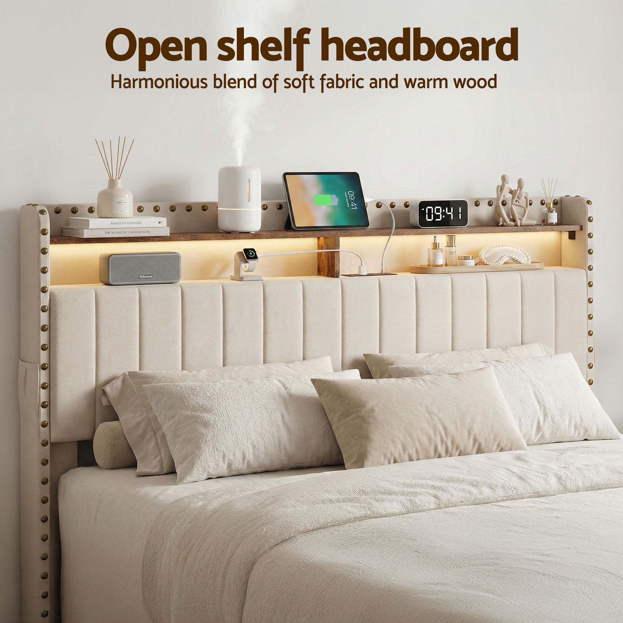 Artiss King Linen Bed Frame with Charging Station and Shelf view 4