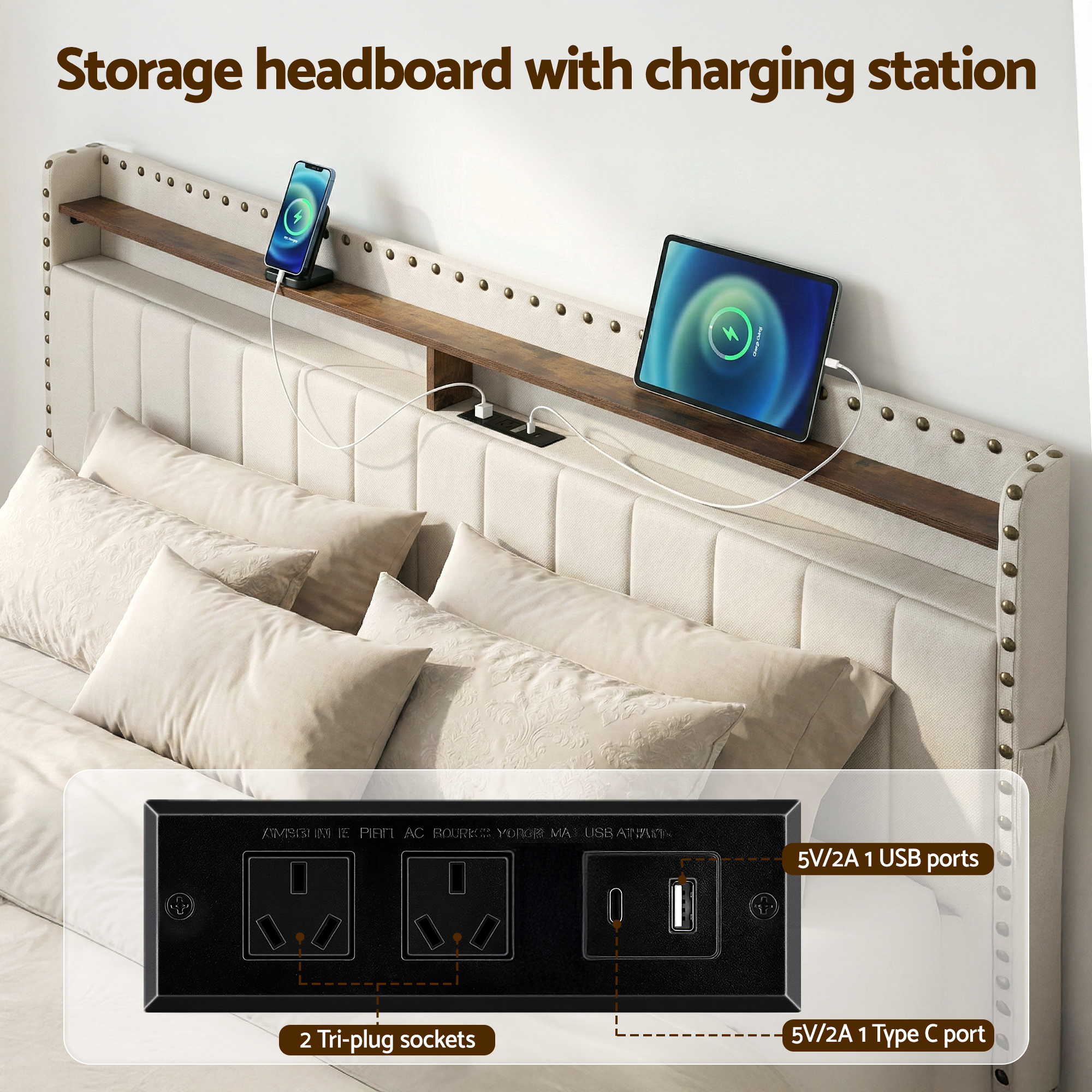 Artiss King Linen Bed Frame with Charging Station and Shelf view 5