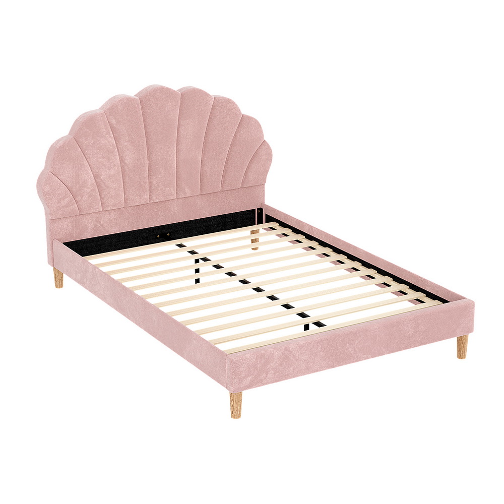 Artiss Rosy Scallop Bed Frame, Double, Pink Velvet