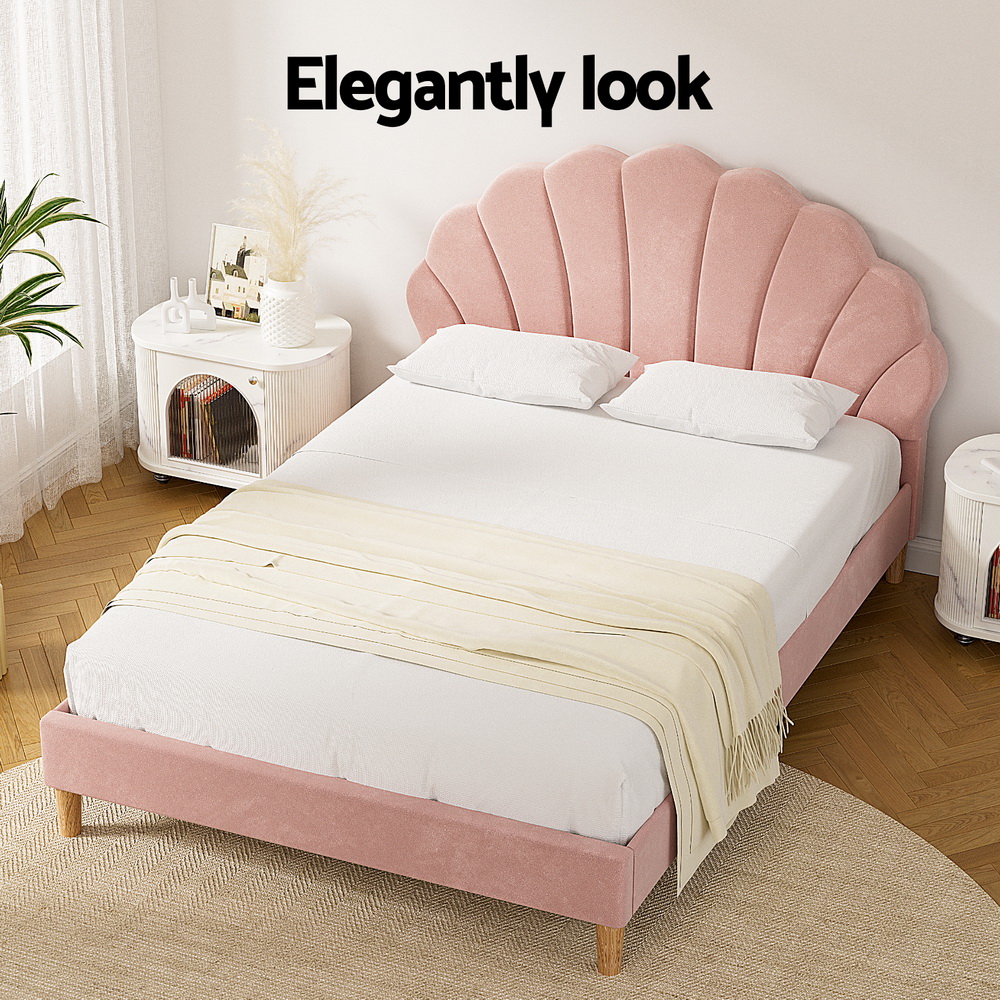Artiss Rosy Scallop Bed Frame, Double, Pink Velvet view 4