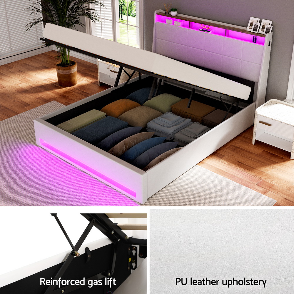 Artiss Sunset Gas Lift LED Bed Frame, Double, White view 4