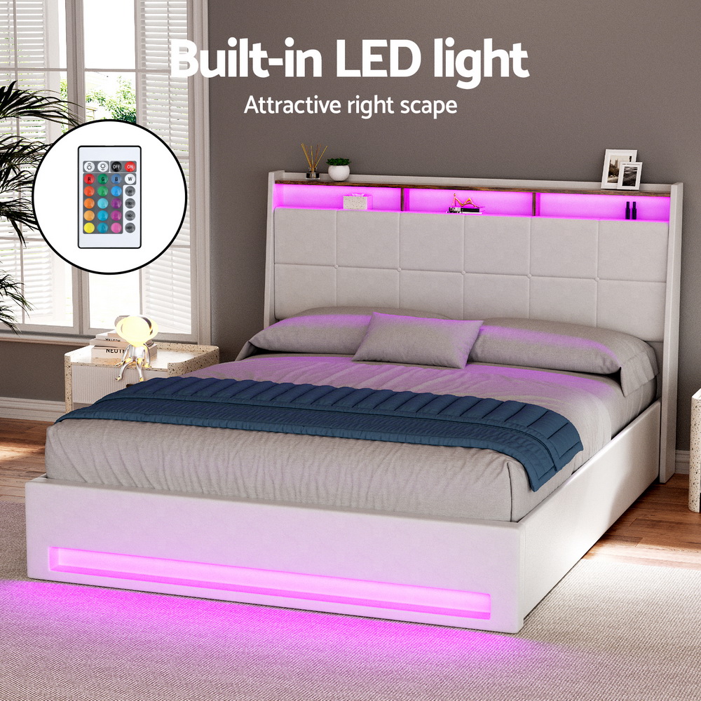 Artiss Sunset Gas Lift LED Bed Frame, Double, White view 5