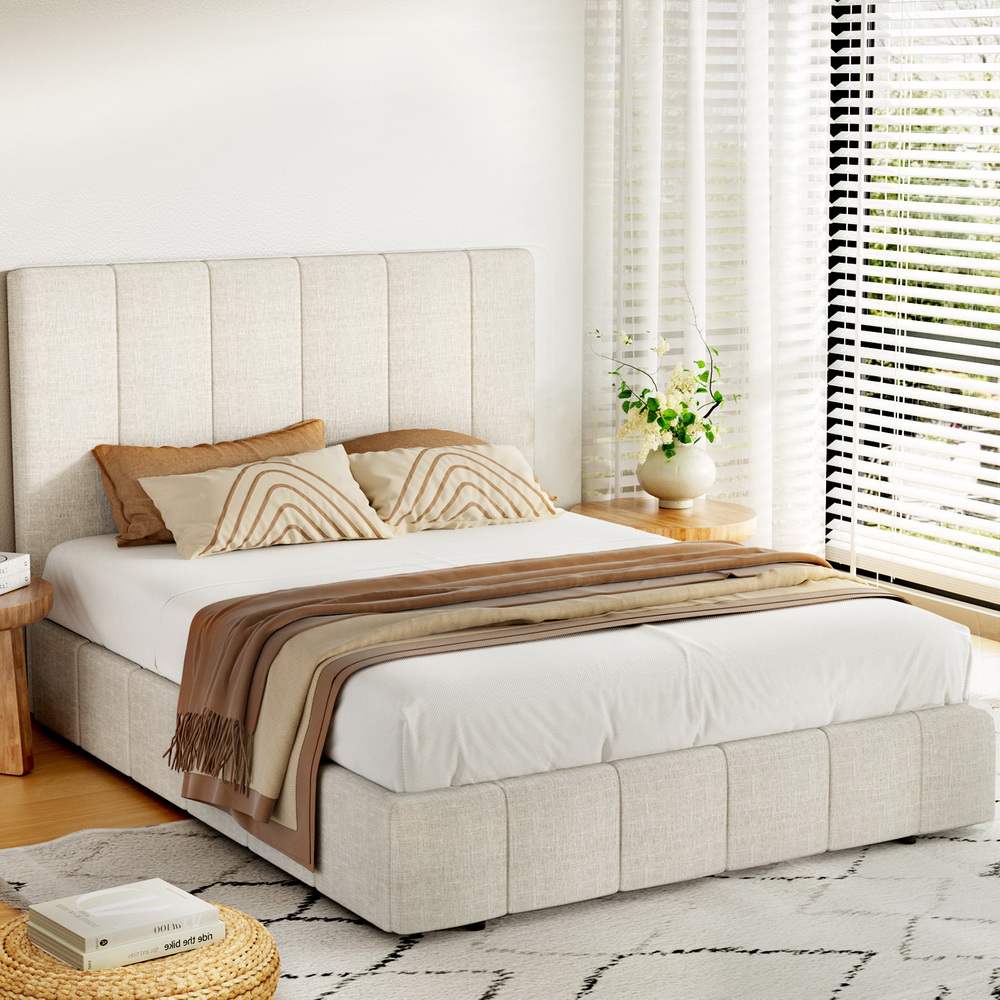 Artiss Tette Bed Frame, Double, Beige Linen