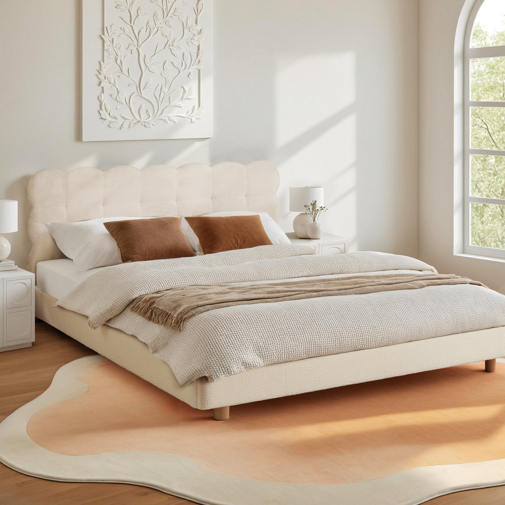 Artiss Cloud Bed Frame, Boucle Headboard, Double White