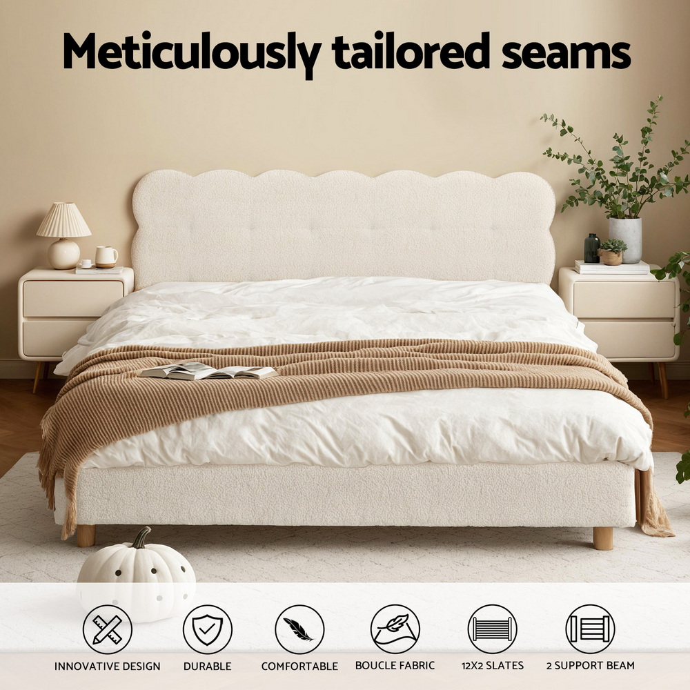Artiss Cloud Bed Frame, Boucle Headboard, Double White view 5