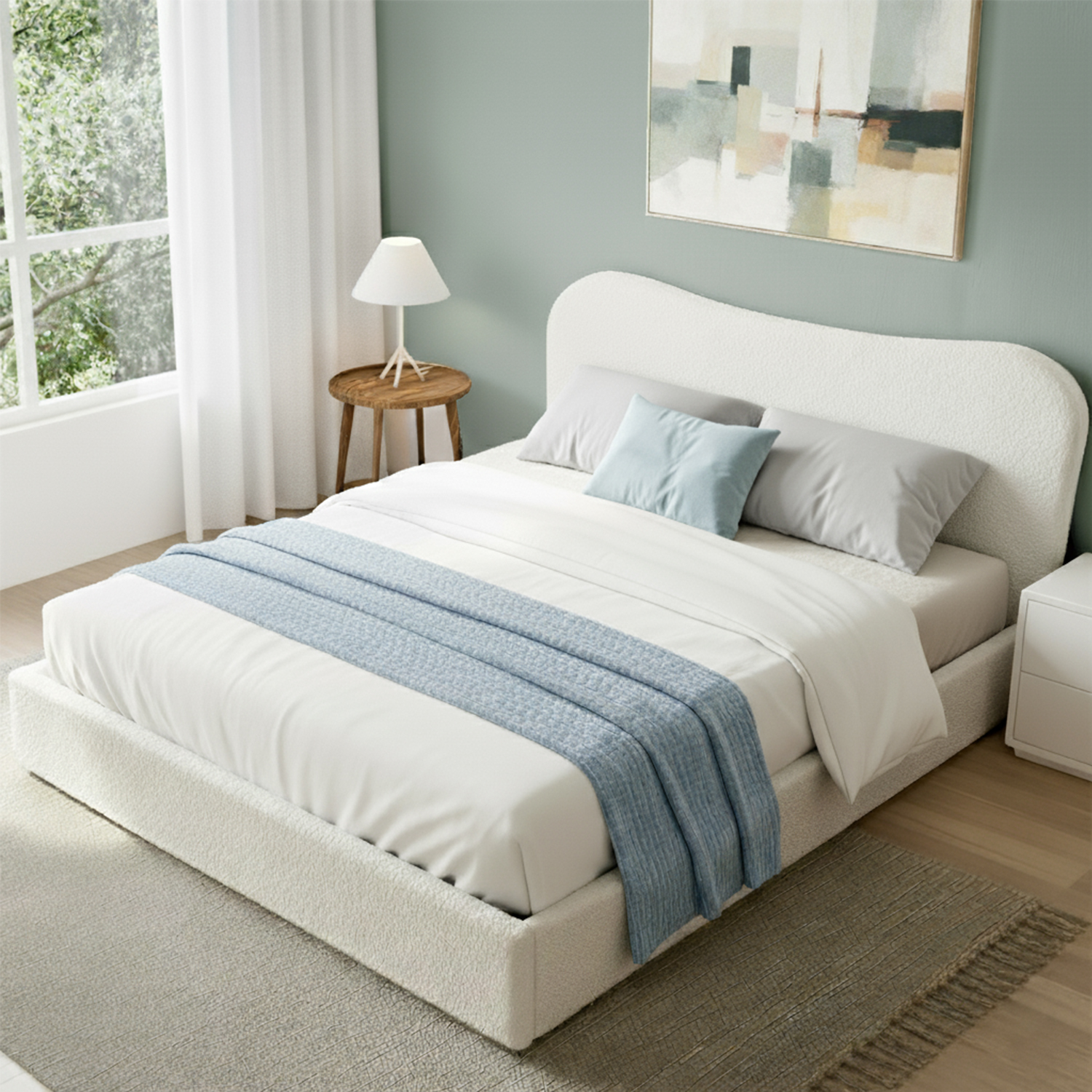 Artiss Gaslift Storage Bed Frame, Boucle Upholstered White