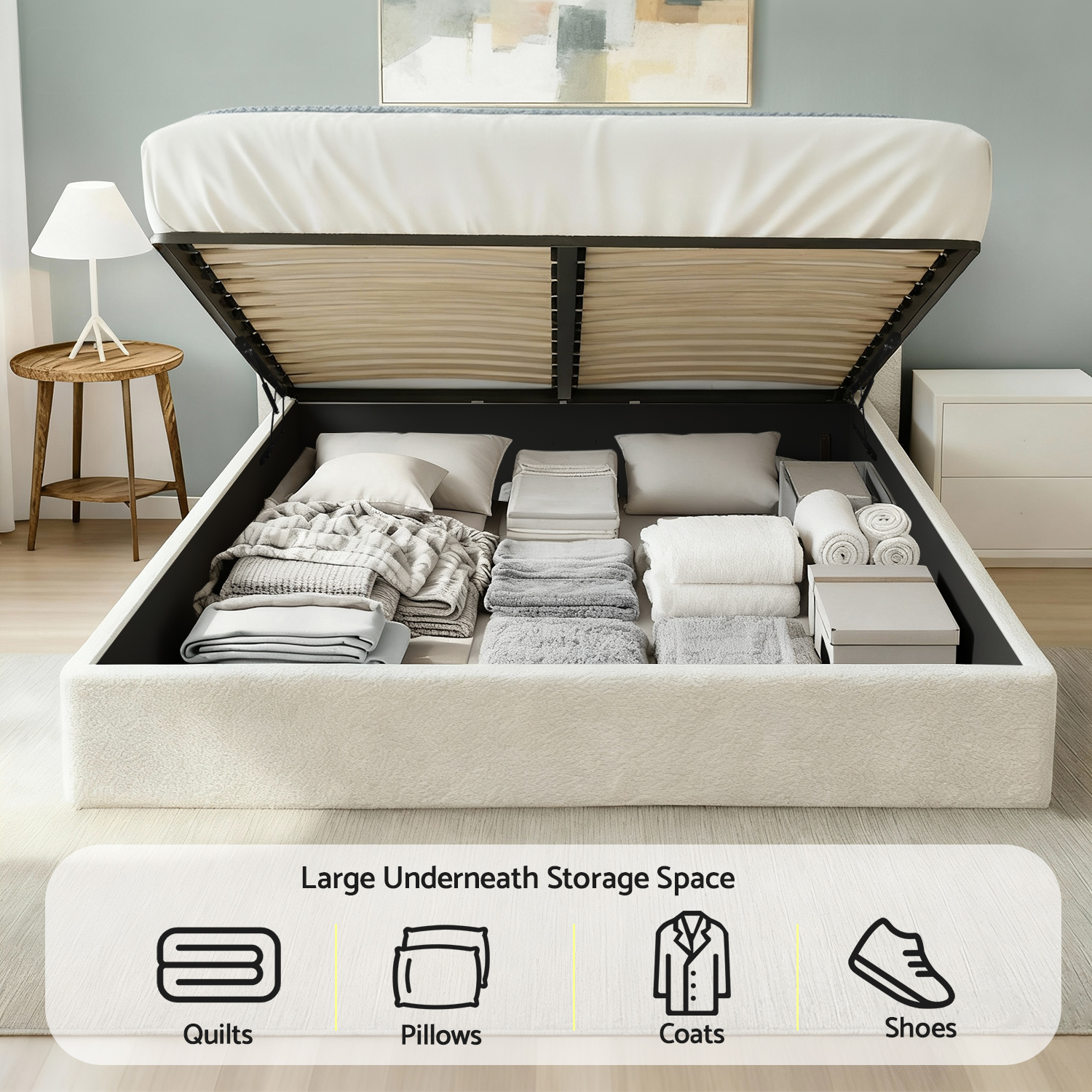 Artiss Gaslift Storage Bed Frame, Boucle Upholstered White view 4