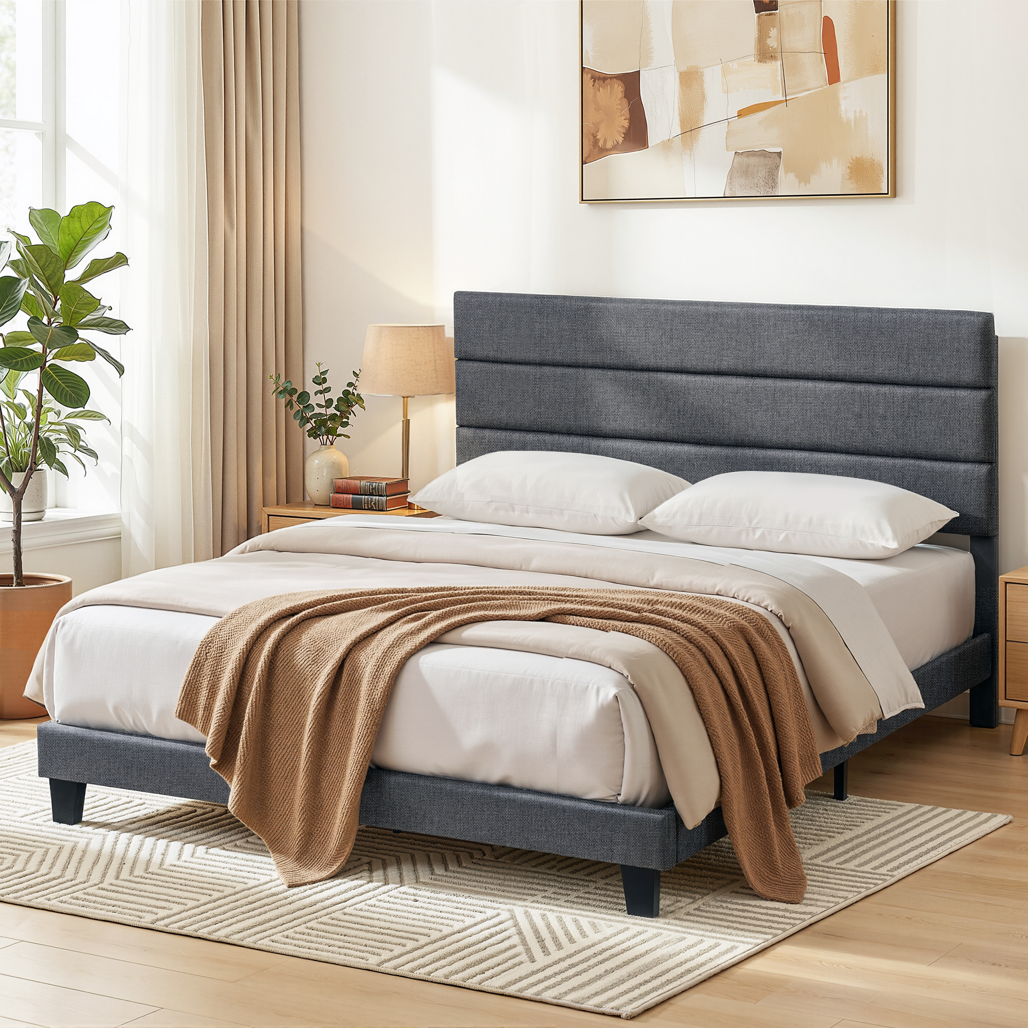 Artiss Upholstered Bed Frame with Geometric Headboard, Linen