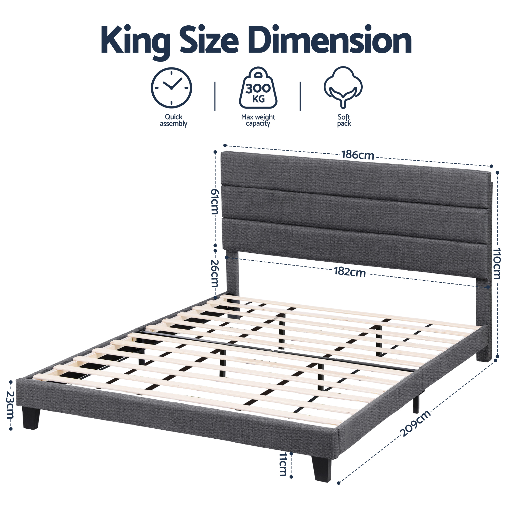 Artiss Upholstered Bed Frame with Geometric Headboard, Linen view 2