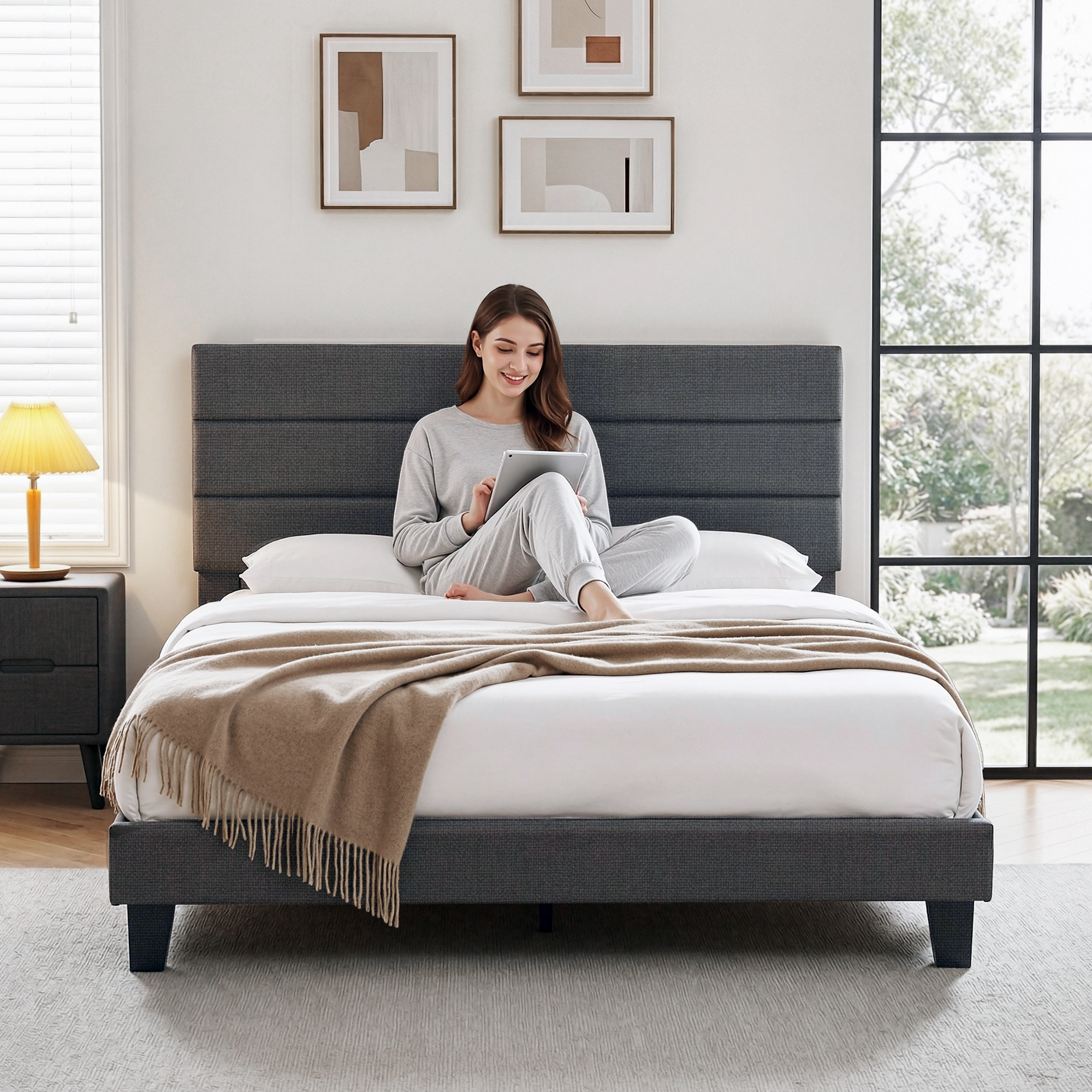 Artiss Upholstered Bed Frame with Geometric Headboard, Linen view 4