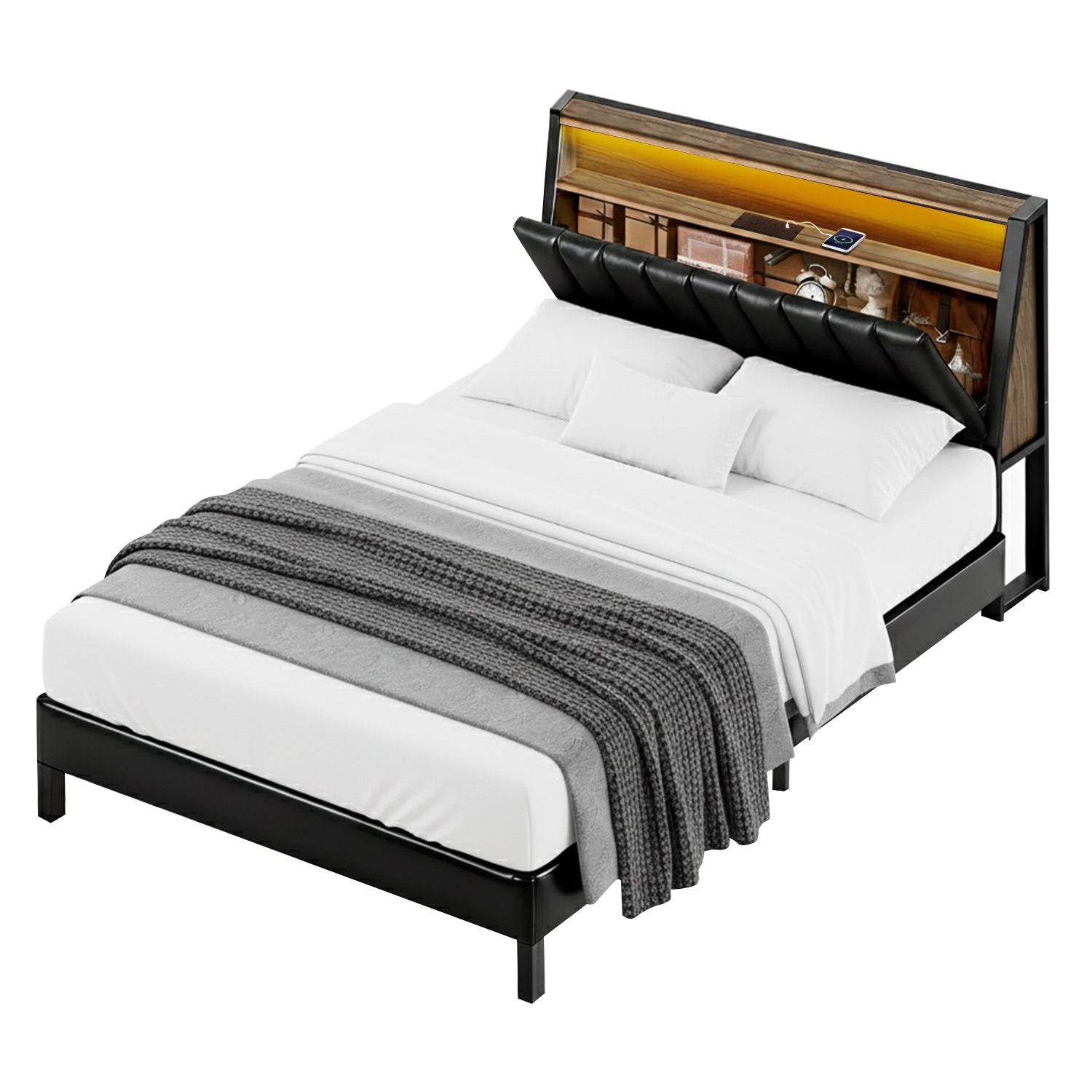 Artiss LED Storage Bed Frame with Charging Station, Black