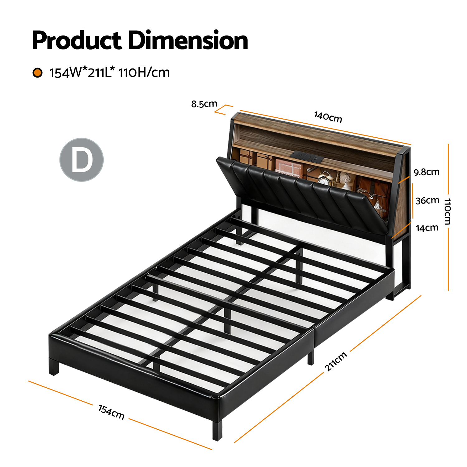 Artiss LED Storage Bed Frame with Charging Station, Black view 2