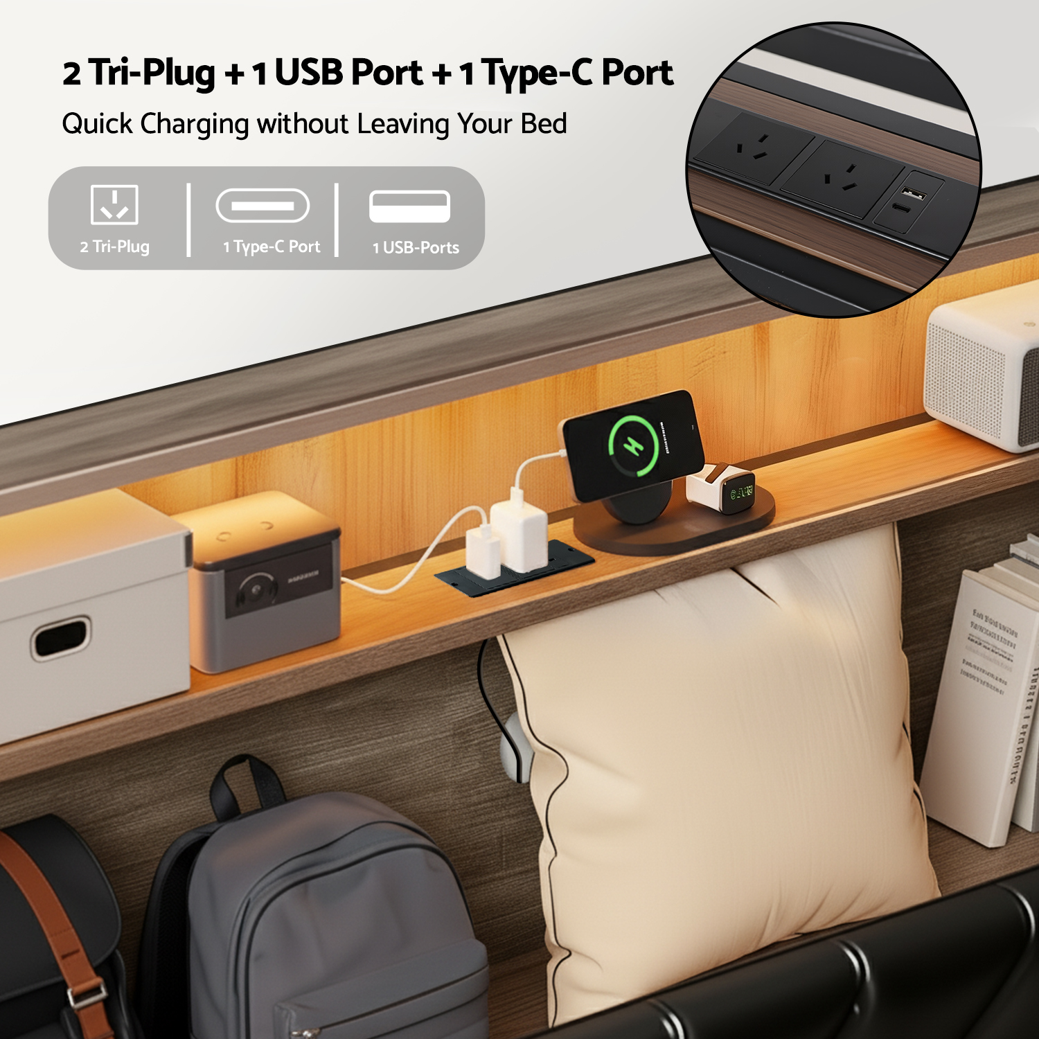 Artiss LED Storage Bed Frame with Charging Station, Black view 3
