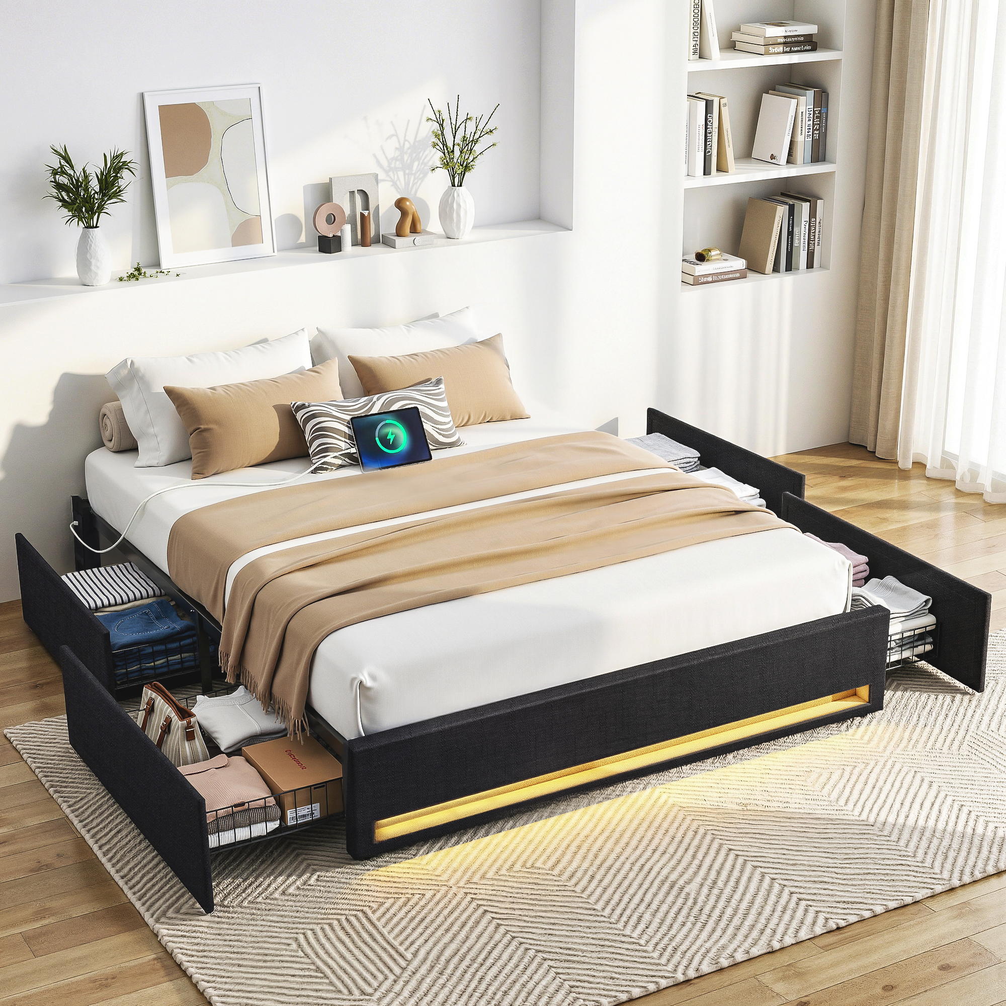 Artiss Bed Frame with Storage Drawers, RGB Lights & Charging
