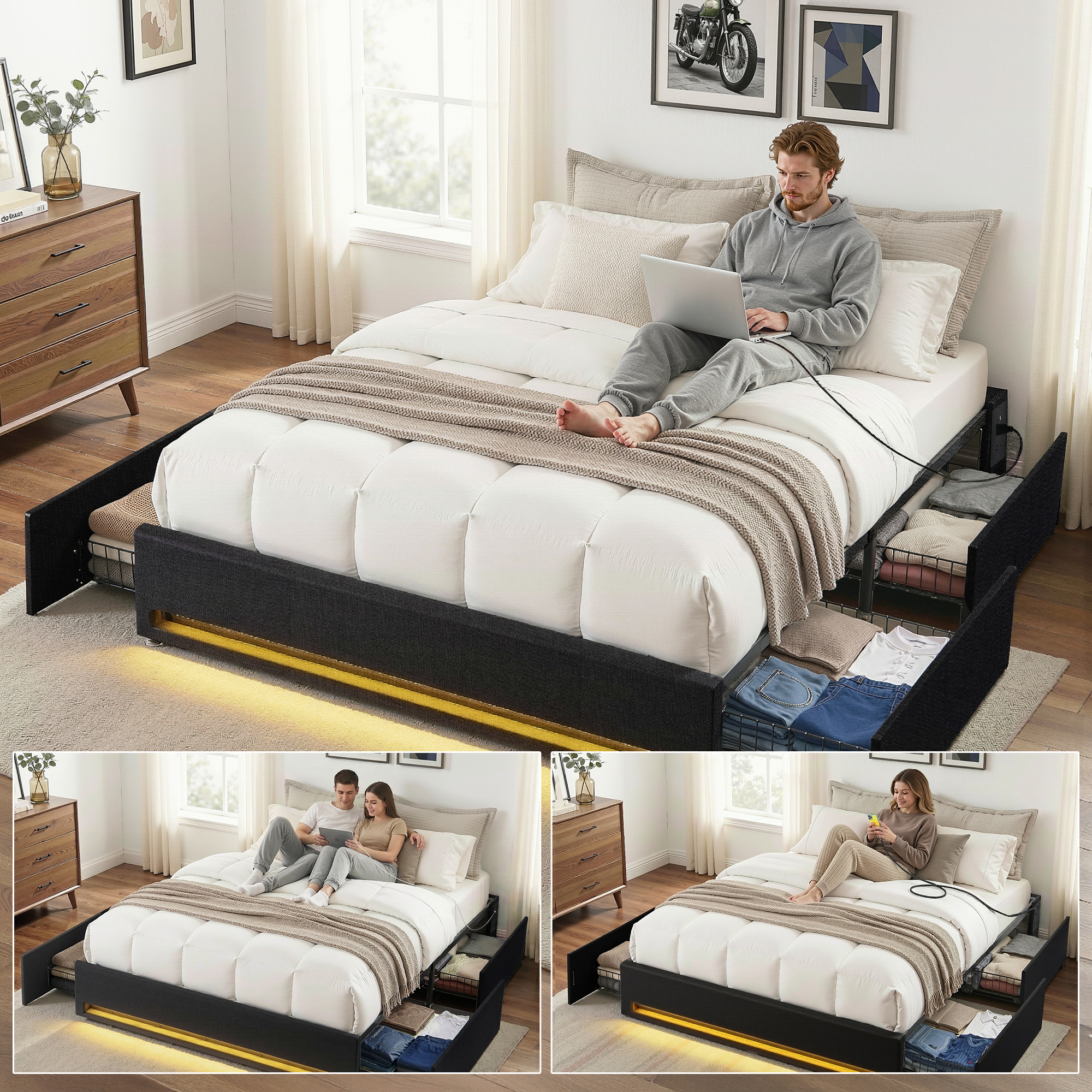 Artiss Bed Frame with Storage Drawers, RGB Lights & Charging view 4