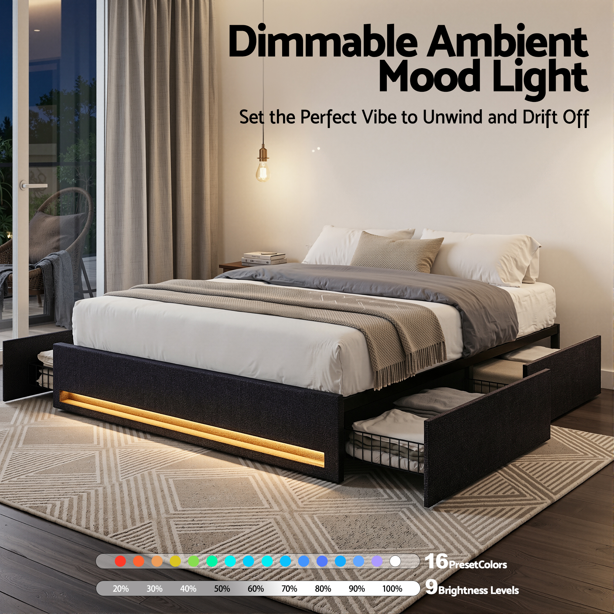 Artiss Bed Frame with Storage Drawers, RGB Lights & Charging view 5