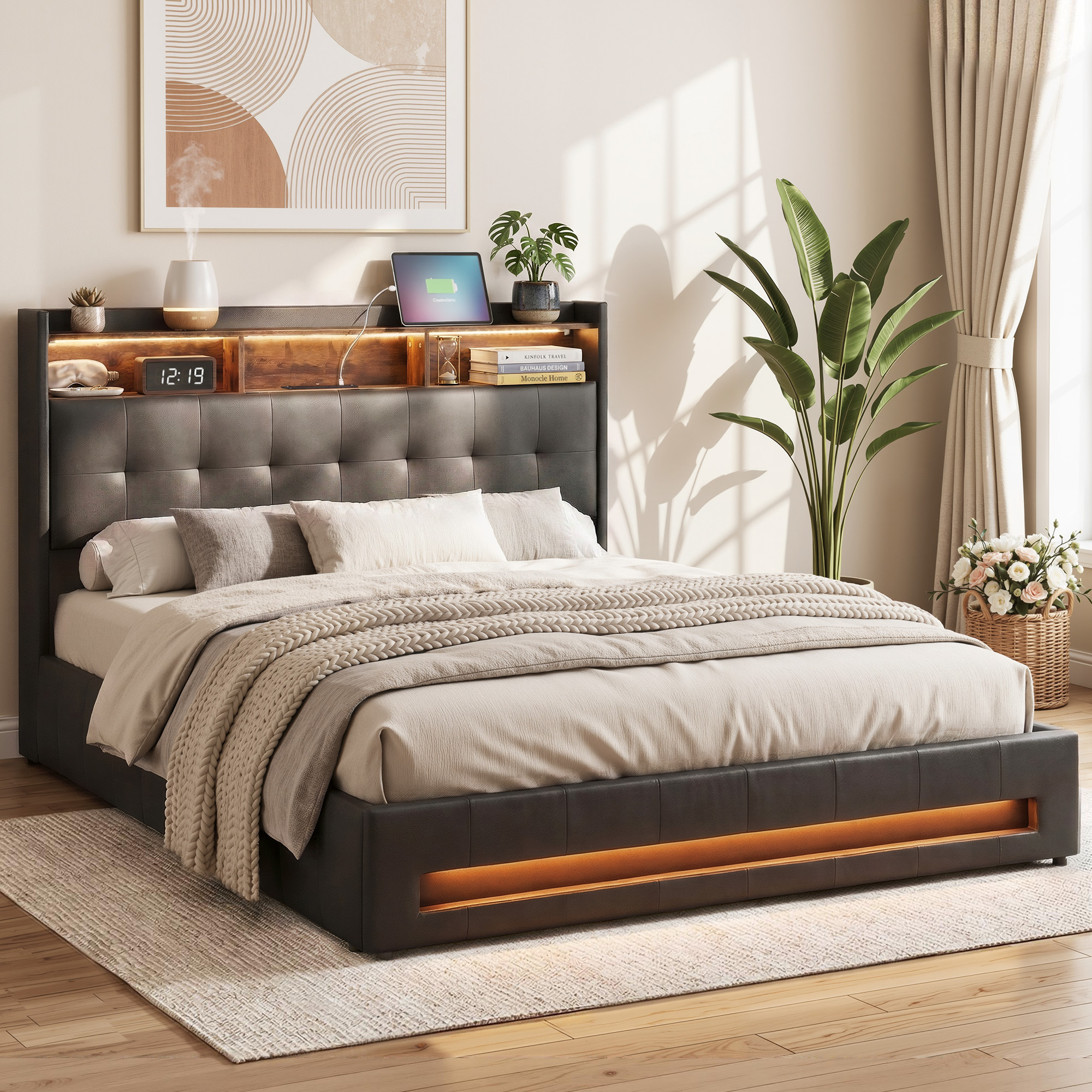 Artiss Queen Bed Frame with Gas Lift Storage and LED Lights