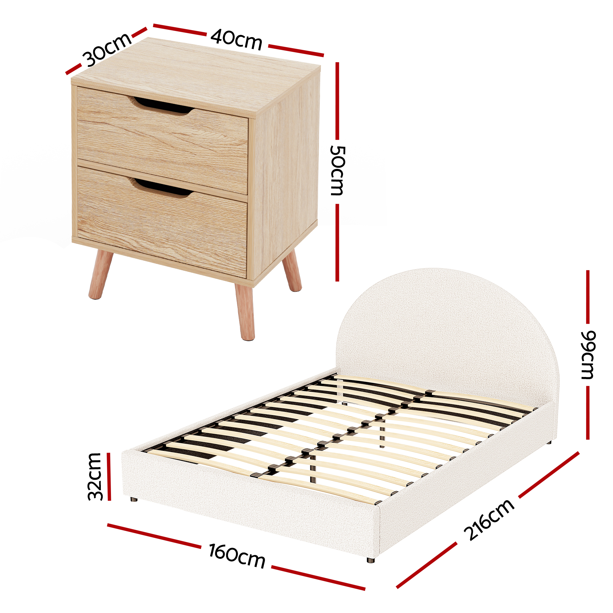 Artiss Gas Lift Queen Bed Frame with Bedside Table, Boucle view 2