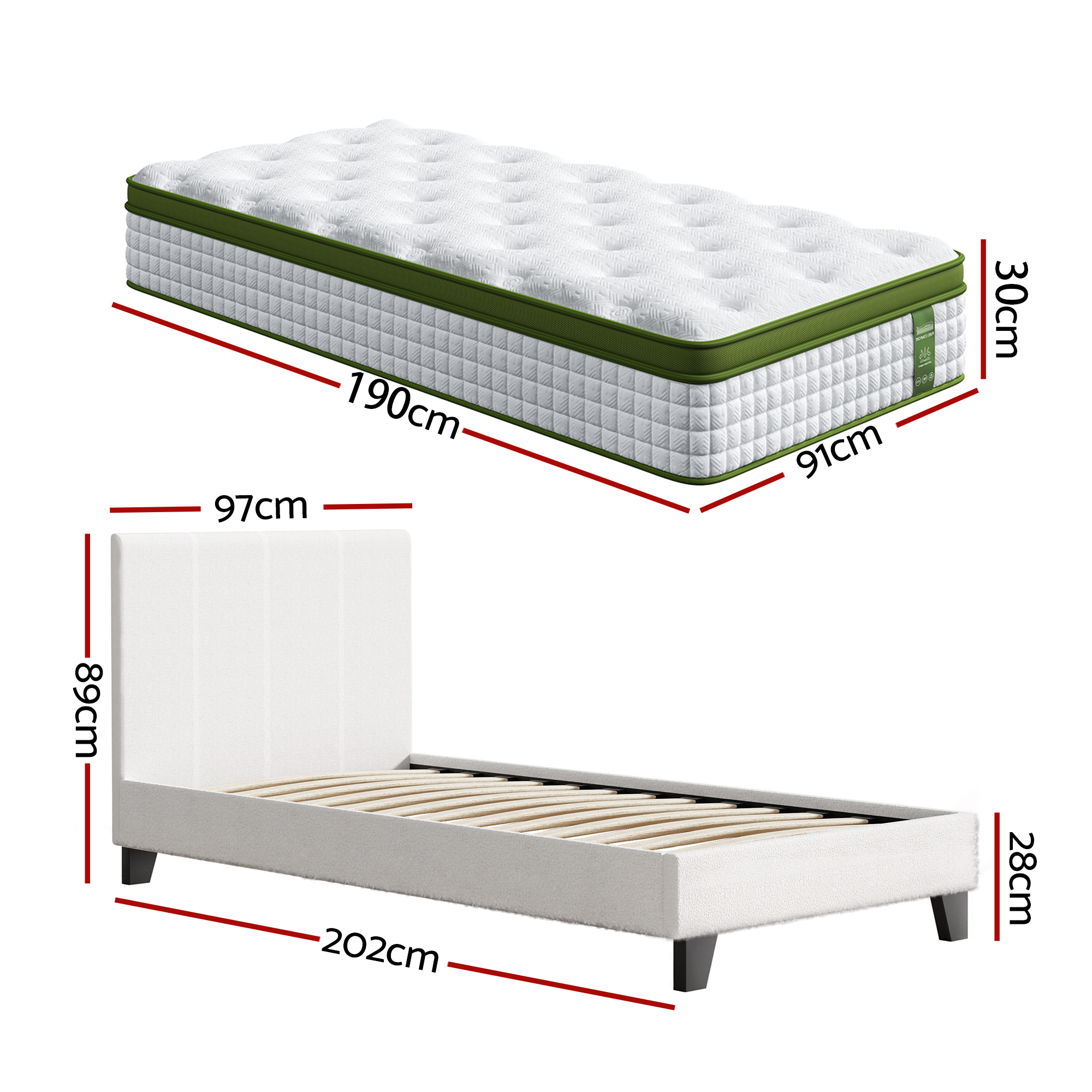 Artiss Single Bed Frame with Boucle Hybrid Mattress Set view 2