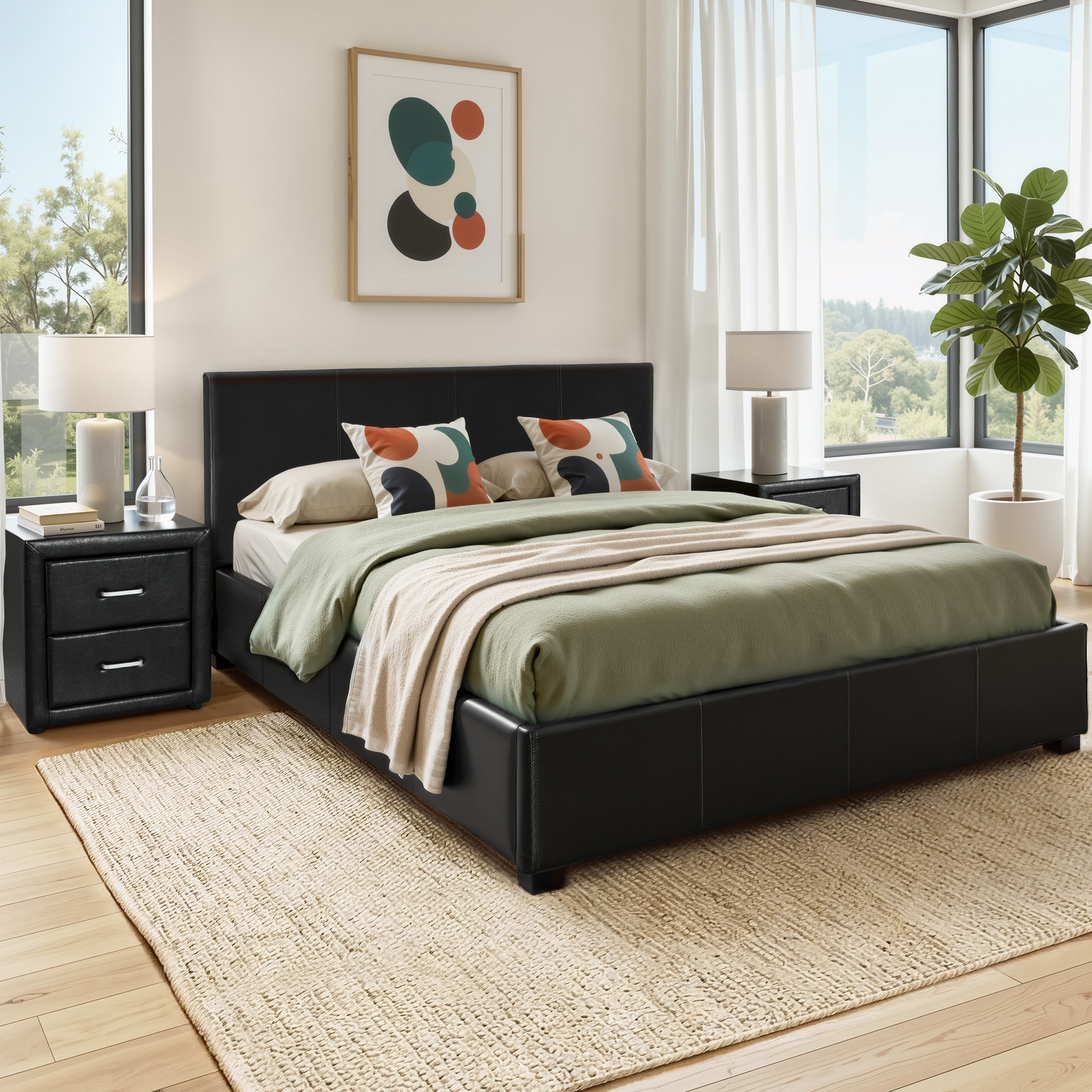 Artiss Gas Lift Queen Bed Frame & Bedside Table, Leather Black