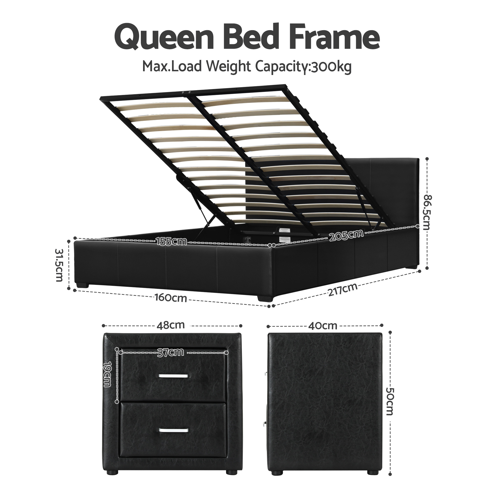 Artiss Gas Lift Queen Bed Frame & Bedside Table, Leather Black view 2