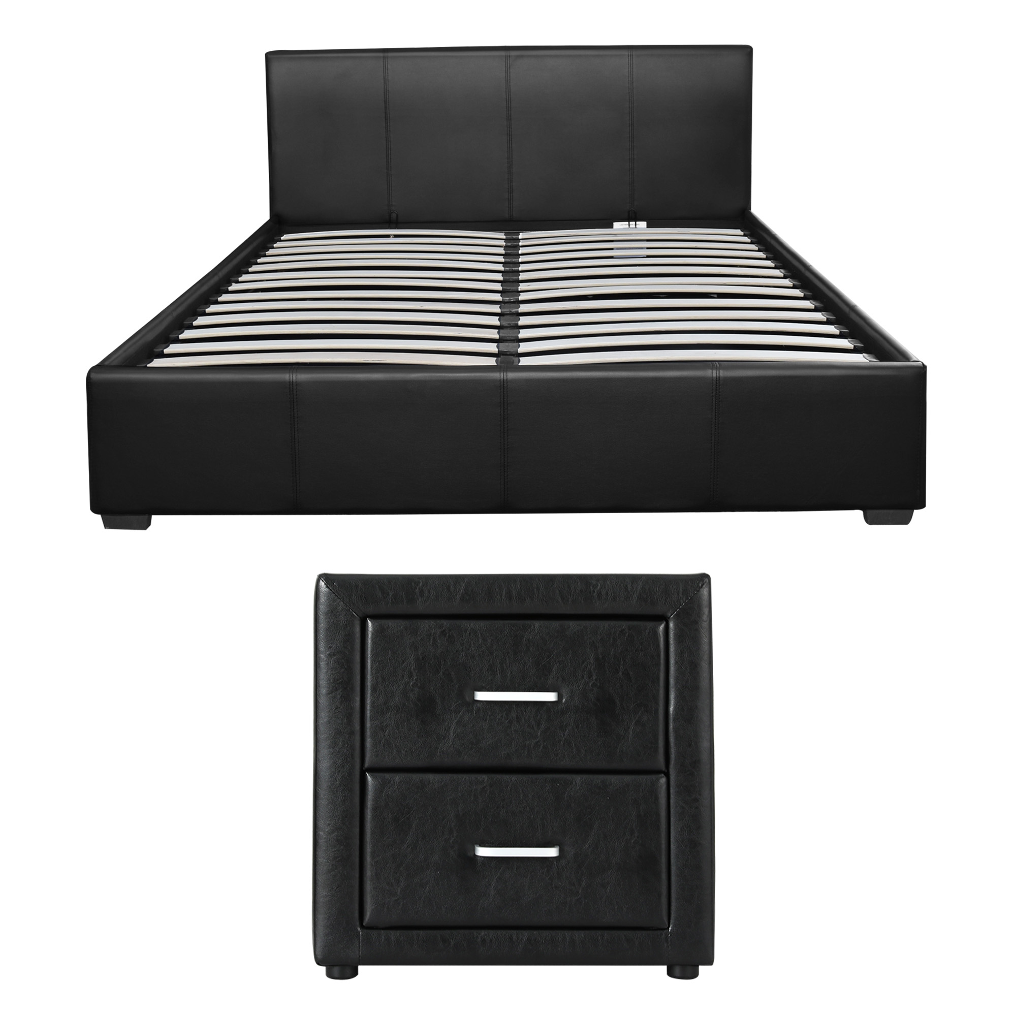 Artiss Gas Lift Queen Bed Frame & Bedside Table, Leather Black view 3
