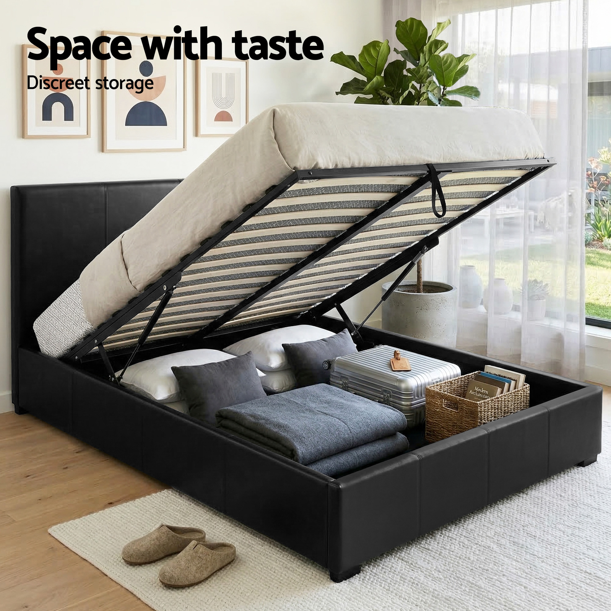 Artiss Gas Lift Queen Bed Frame & Bedside Table, Leather Black view 4