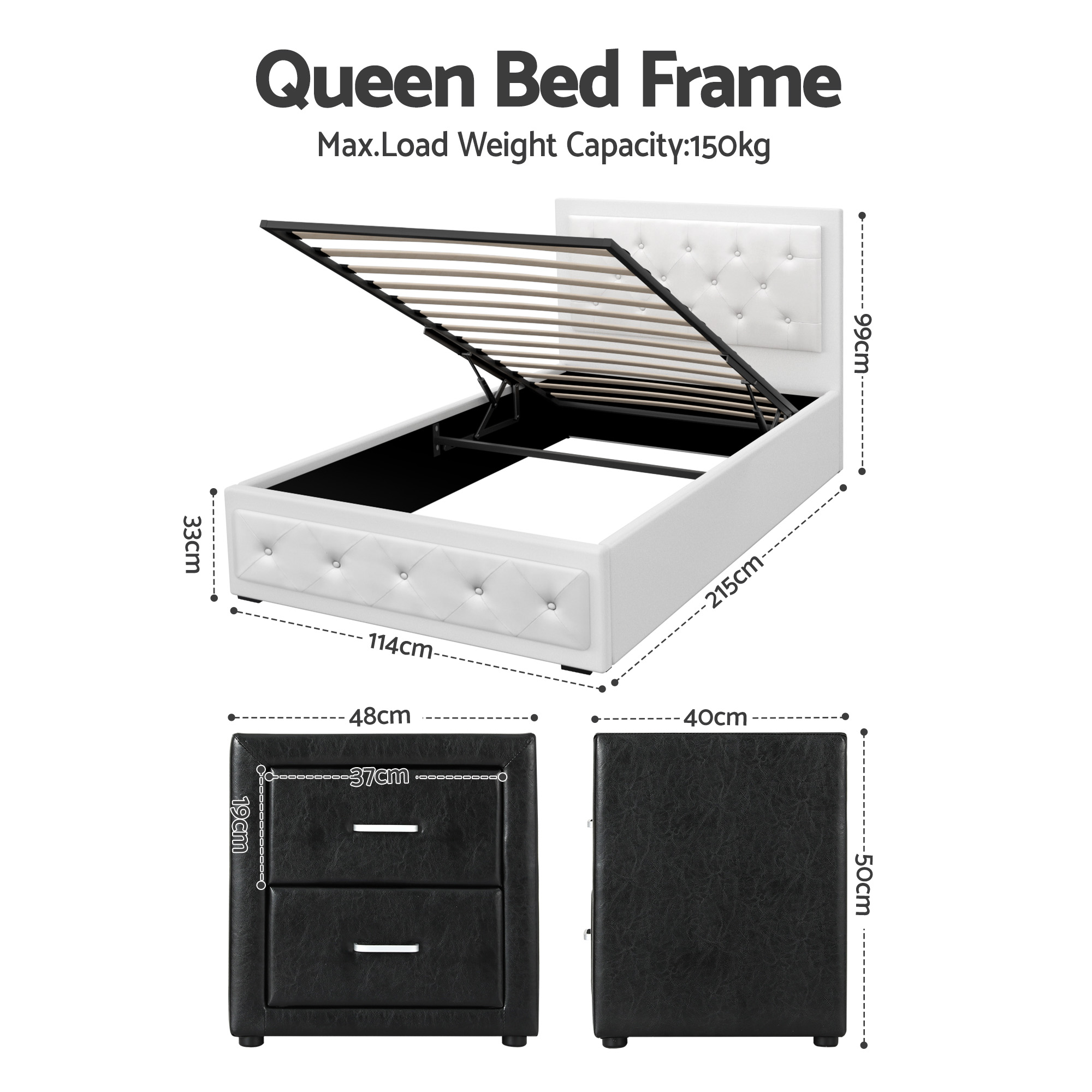 Artiss King Single Gas Lift Bed Frame & Bedside Table Set view 2