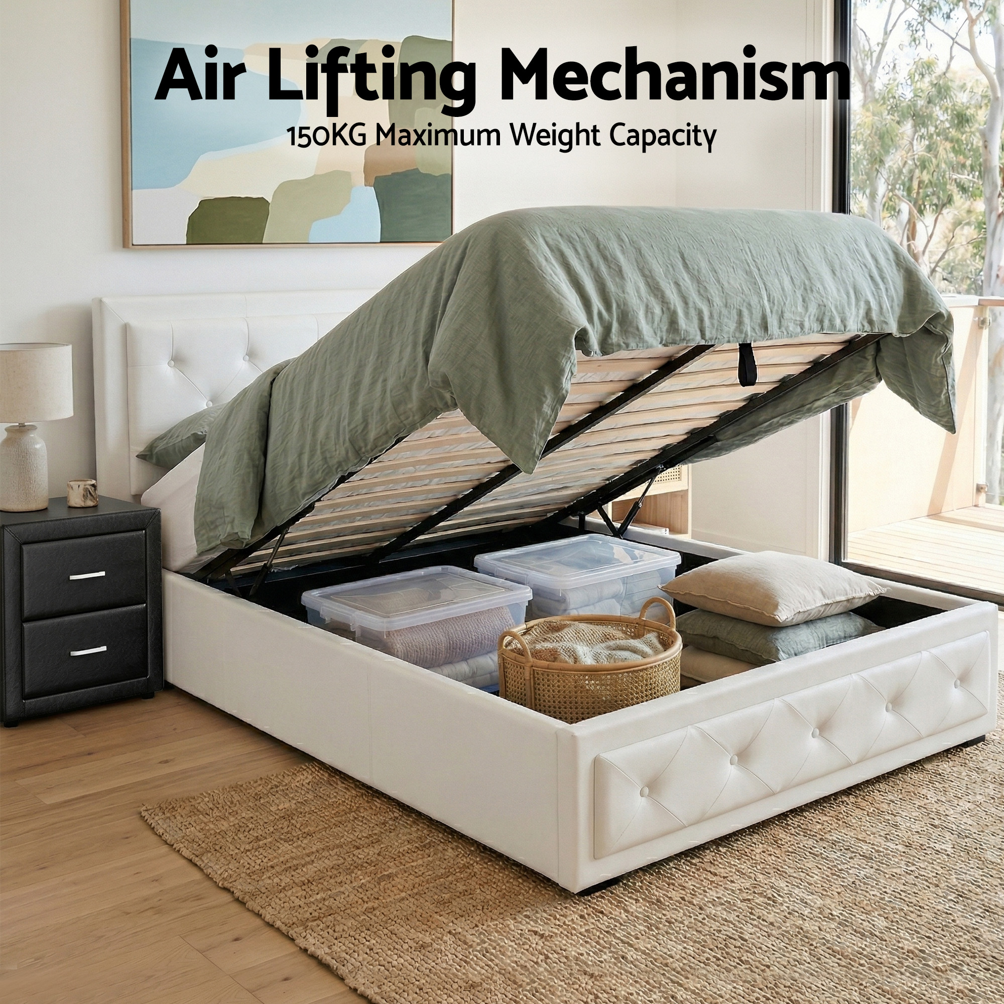 Artiss King Single Gas Lift Bed Frame & Bedside Table Set view 4