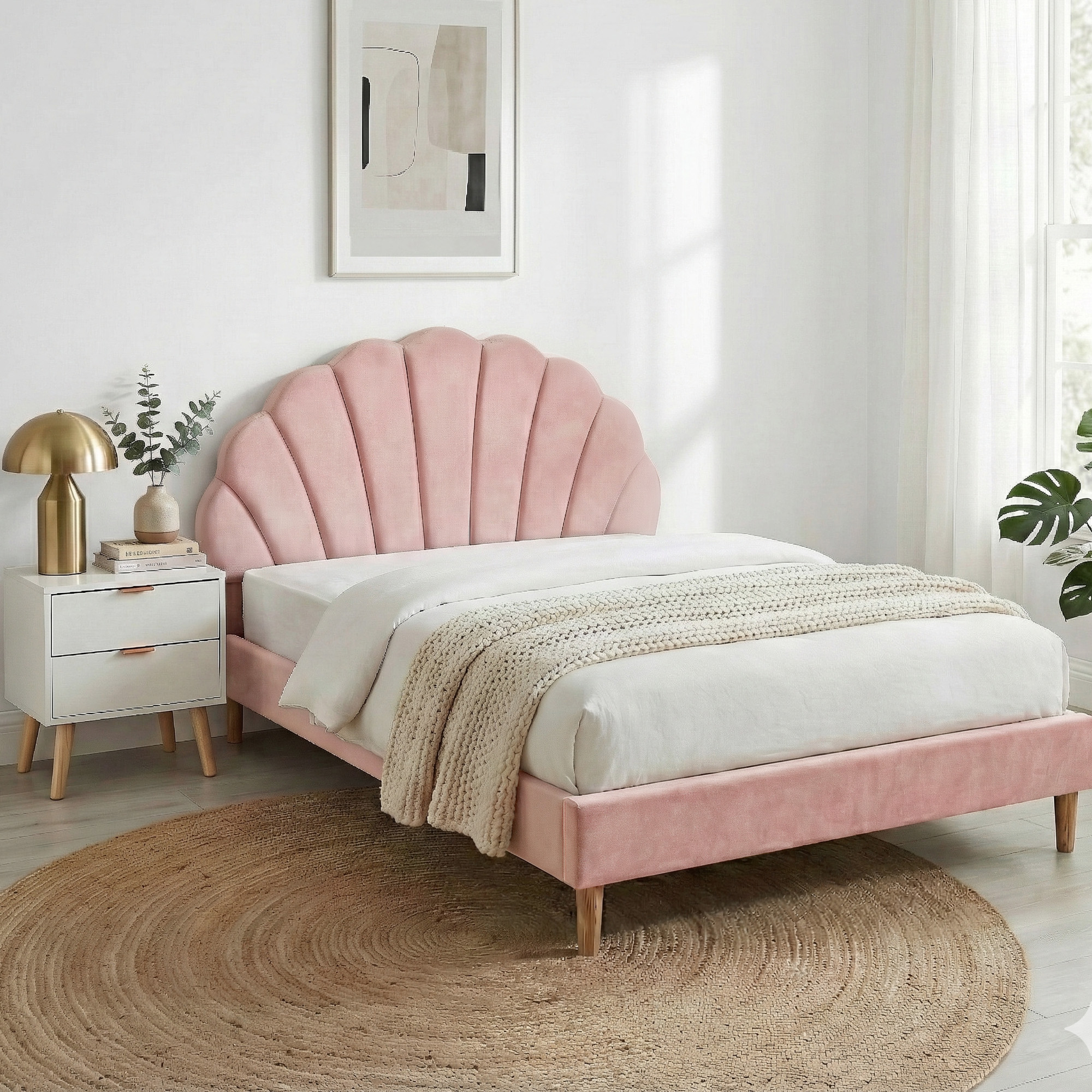 Artiss Double Bed Frame & Bedside Table Set, Scallop Pink Velvet