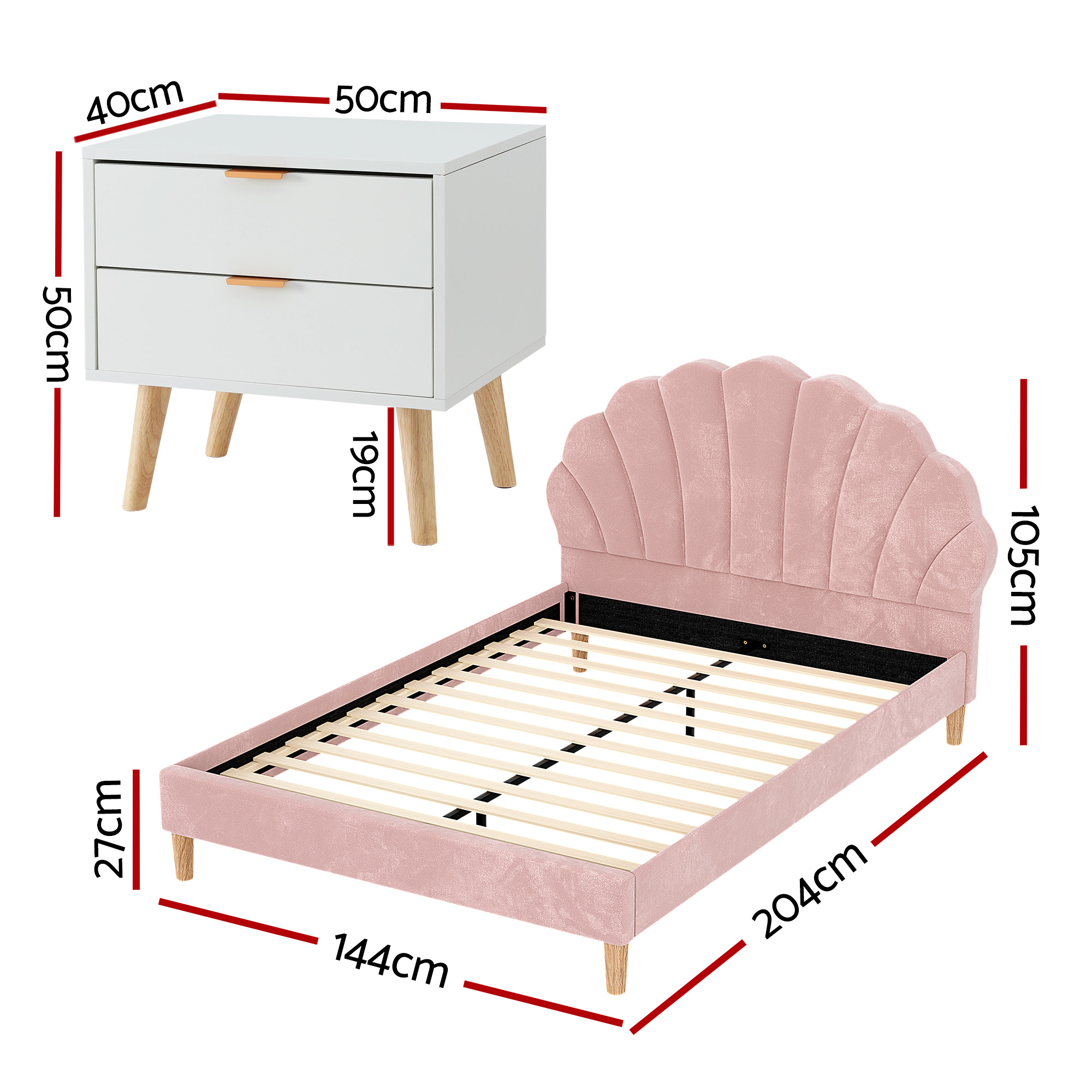 Artiss Double Bed Frame & Bedside Table Set, Scallop Pink Velvet view 2