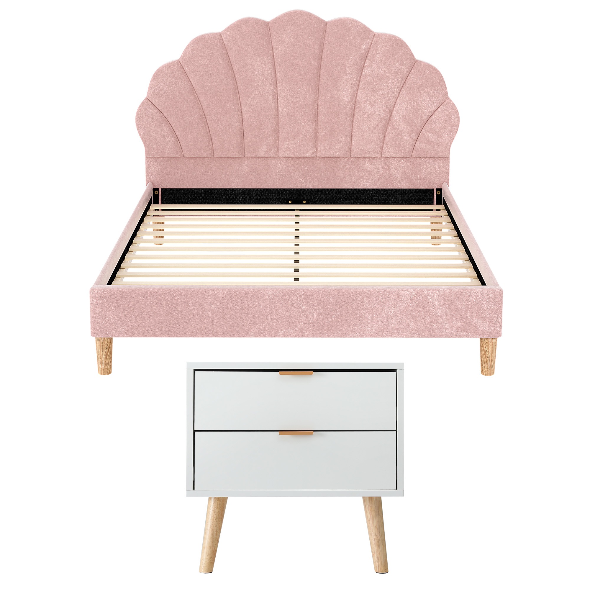 Artiss Double Bed Frame & Bedside Table Set, Scallop Pink Velvet view 3