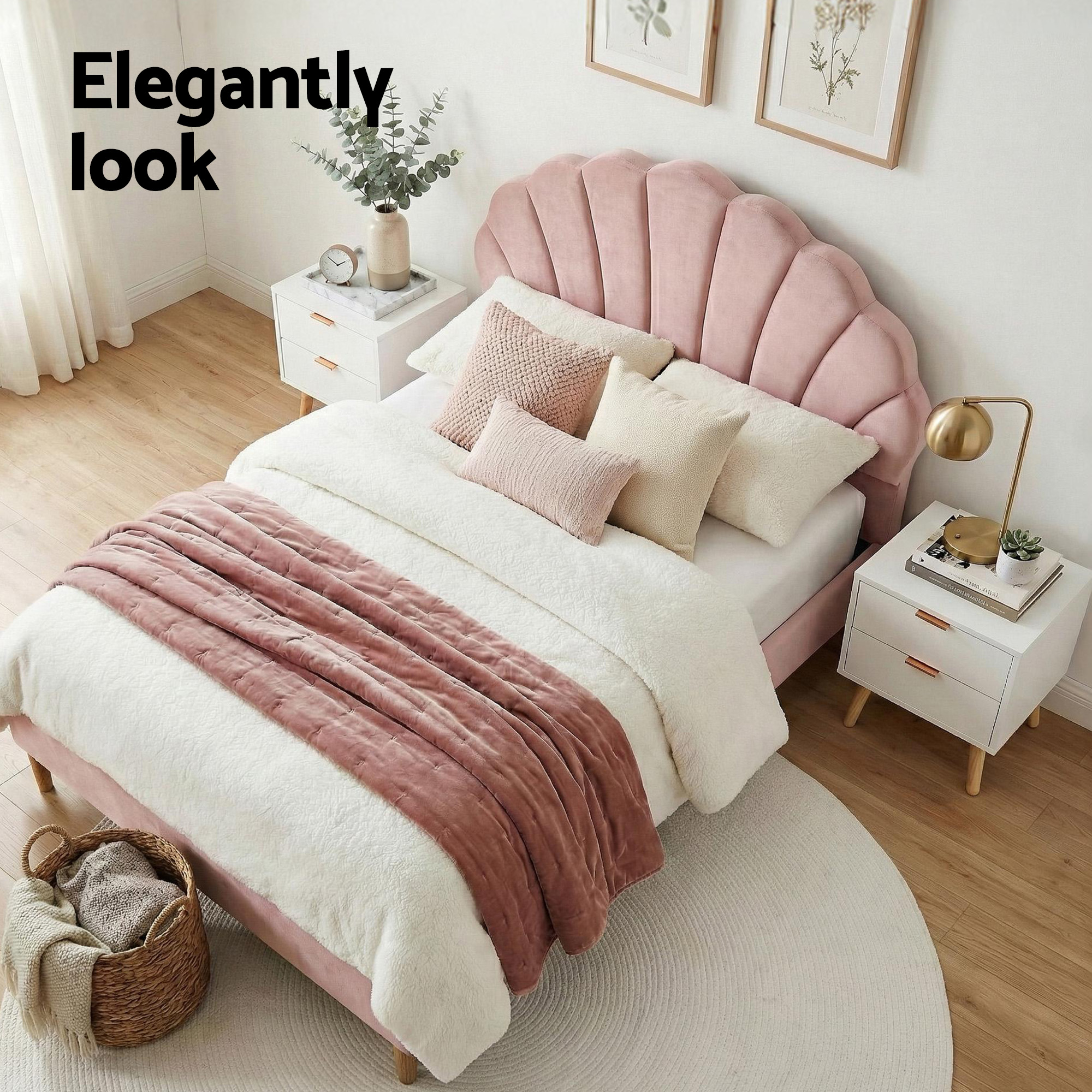 Artiss Double Bed Frame & Bedside Table Set, Scallop Pink Velvet view 4