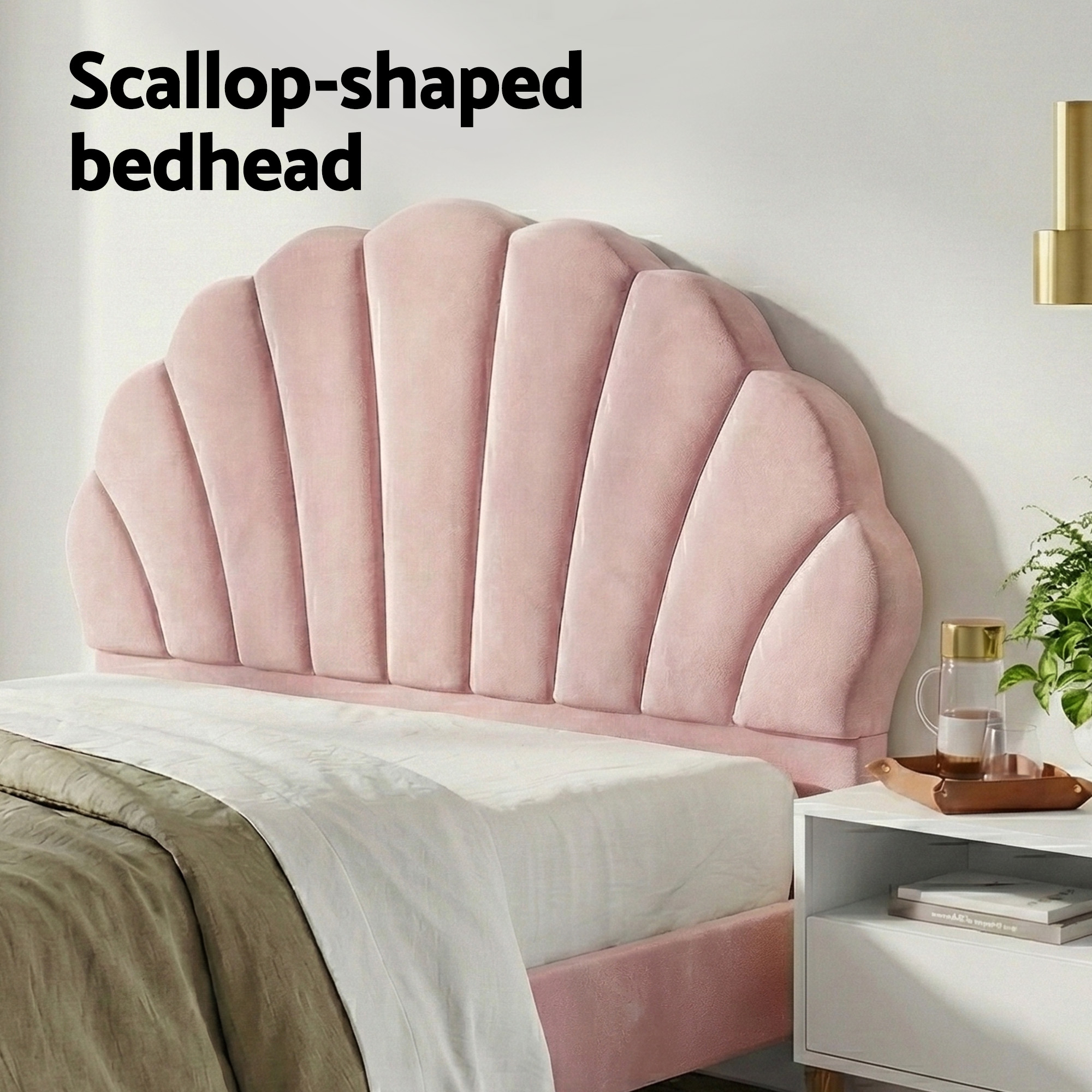 Artiss Double Bed Frame & Bedside Table Set, Scallop Pink Velvet view 5