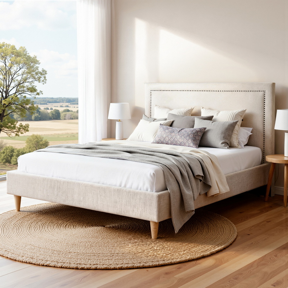 Artiss Queen Beige Linen Bed Frame with Platform Base