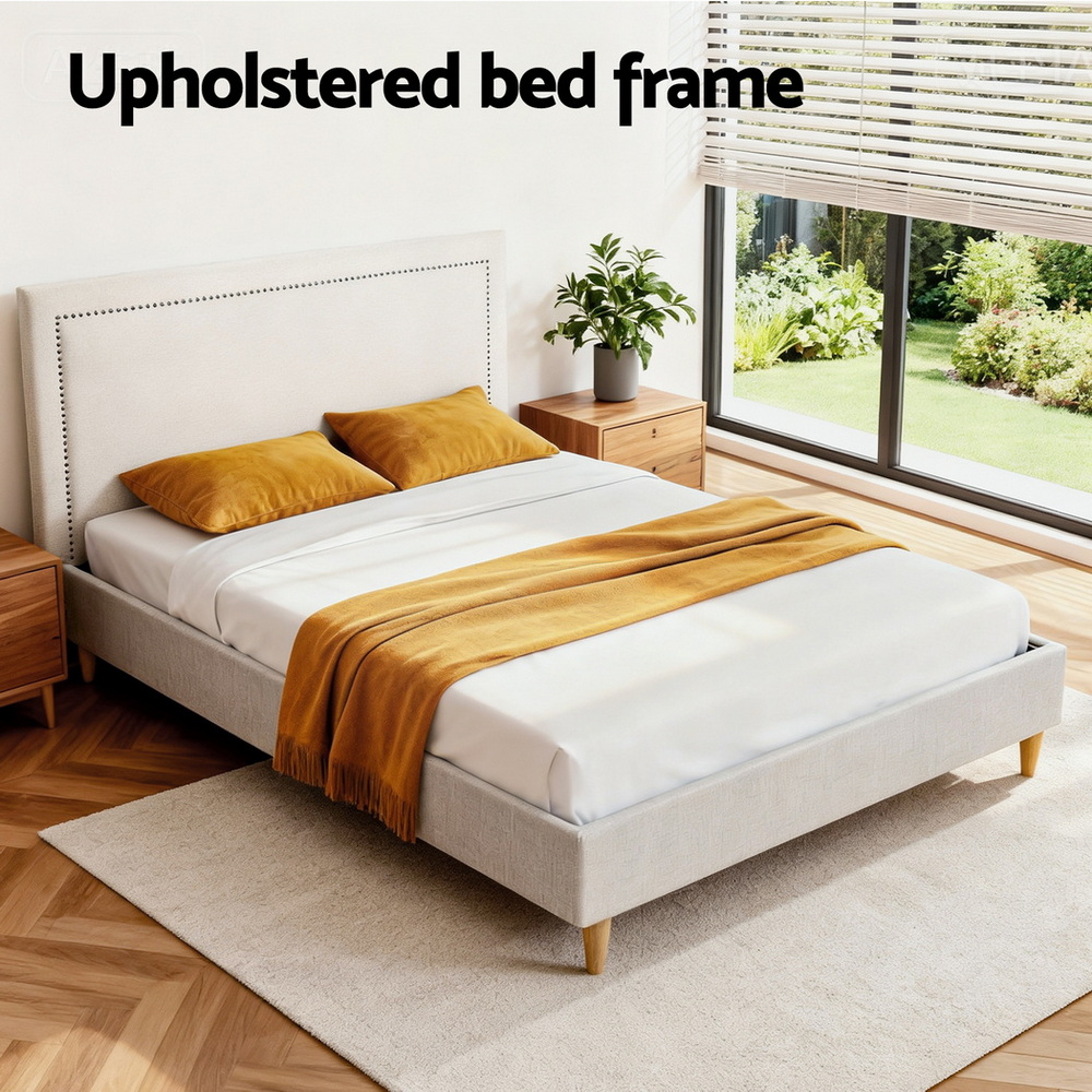 Artiss Queen Beige Linen Bed Frame with Platform Base view 4