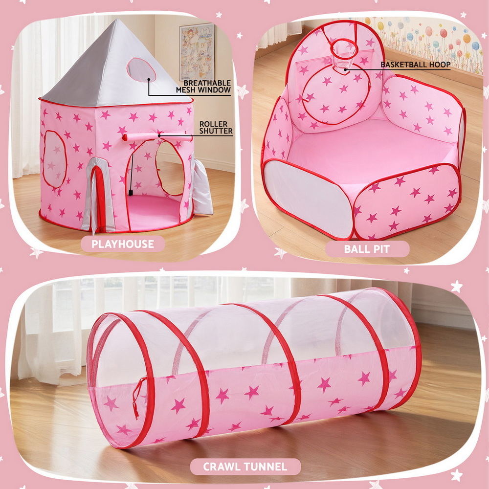 Keezi Pink 3-in-1 Foldable Play Tent with Basketball Hoop view 5