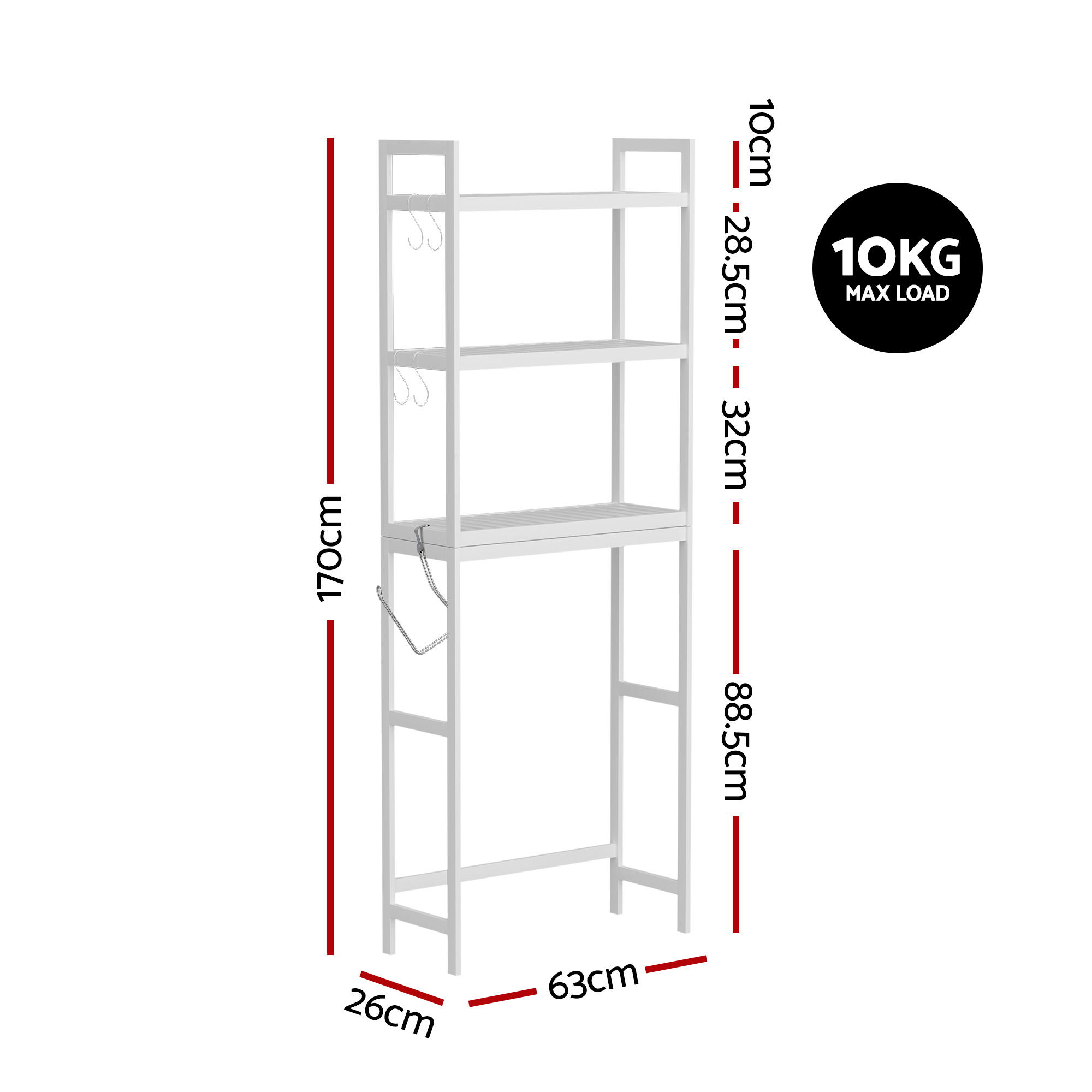 Artiss 3 Tier Over Toilet Storage Rack White view 3