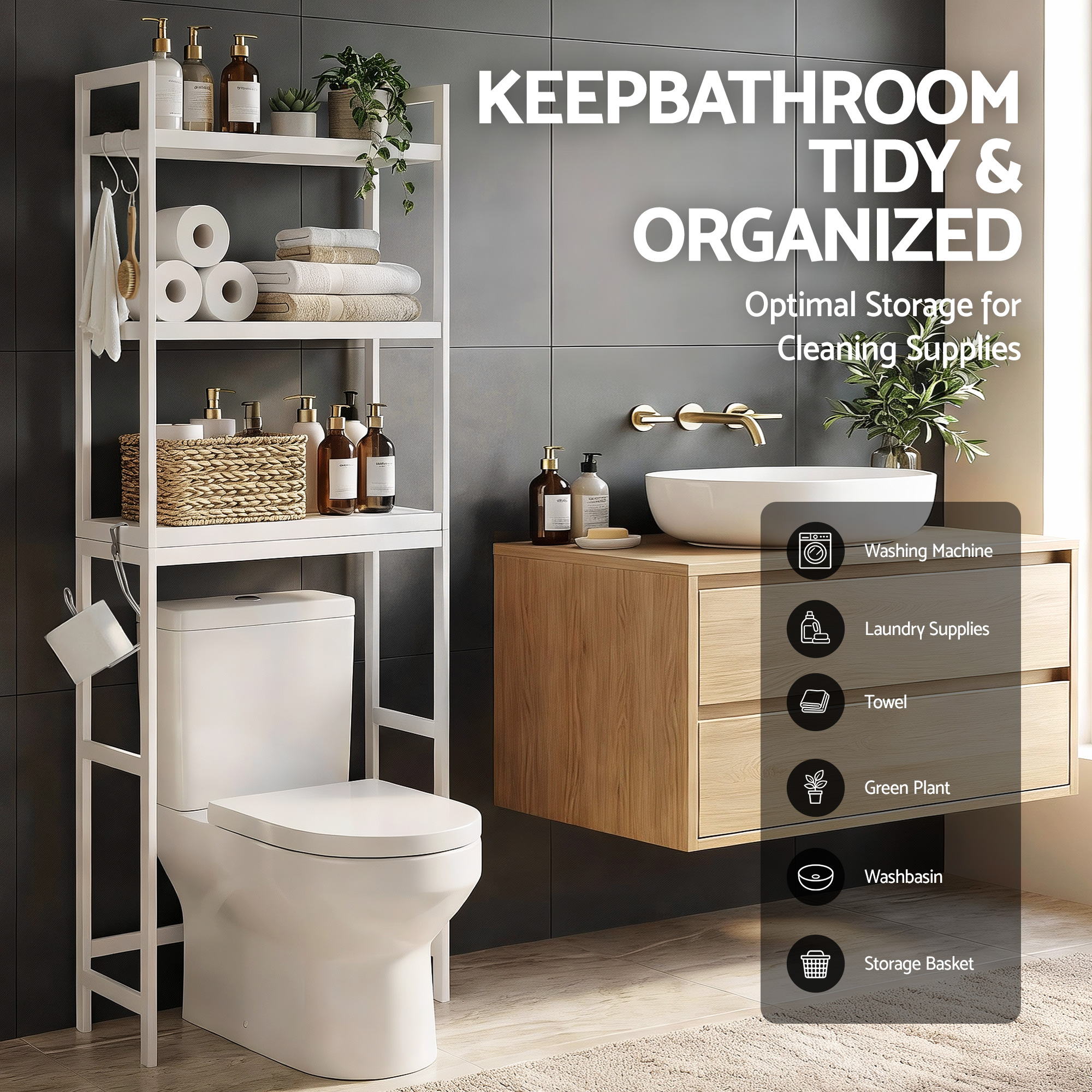 Artiss 3 Tier Over Toilet Storage Rack White view 5