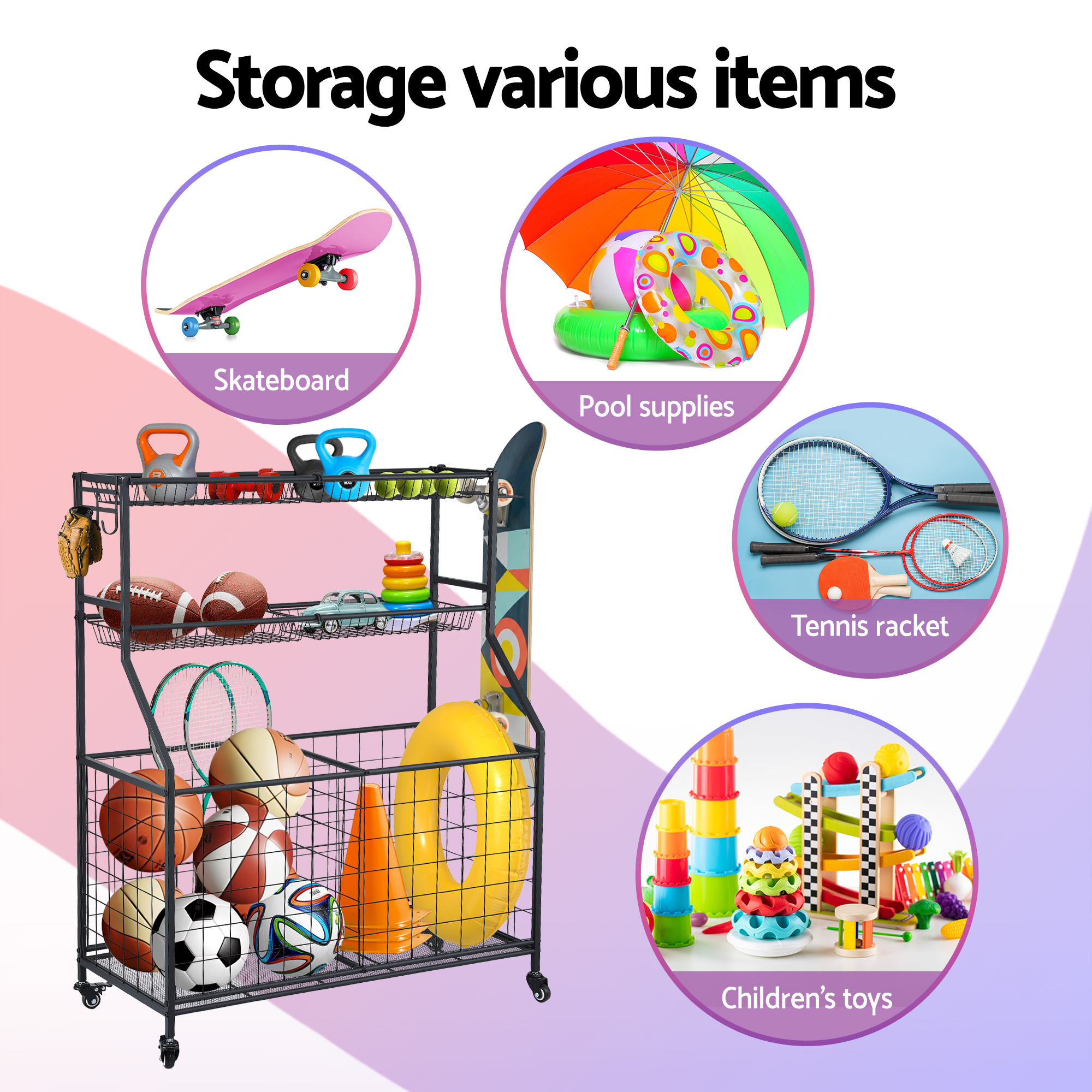 Everfit Sports Equipment Organizer with Wheels, 80kg view 4