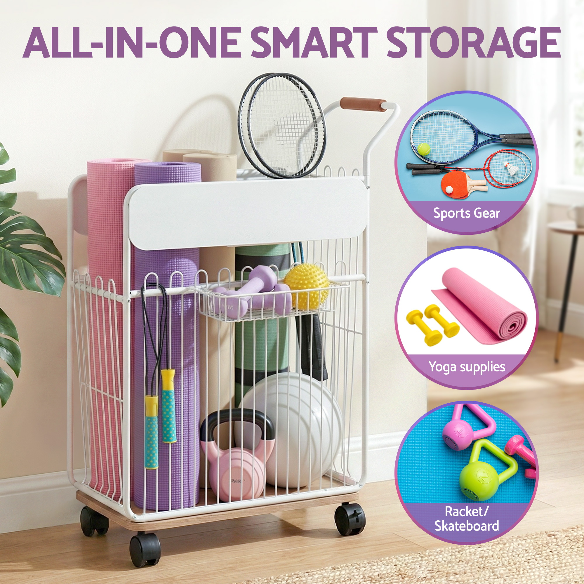 Everfit Yoga Mat Storage Rack Mobile Wheels Basket view 4