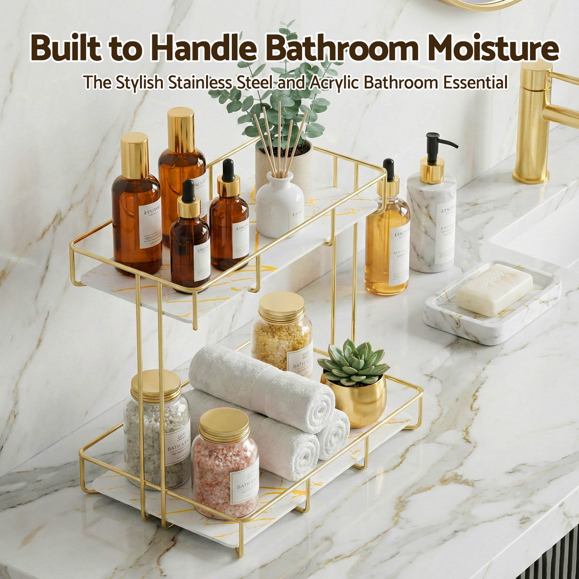 Artiss Bathroom Storage Rack 2 Tier Marble Look Gold view 4