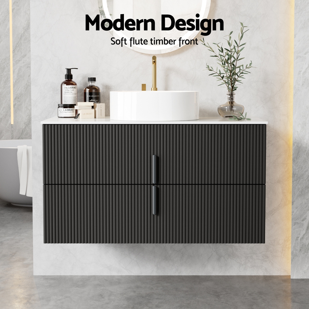 Cefito 900mm Wall Hung Vanity Unit, Black Timber Front view 4