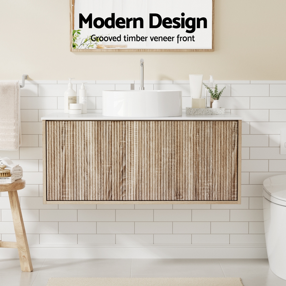 Cefito 915mm Wall Hung Vanity Unit, Grooved Oak view 4