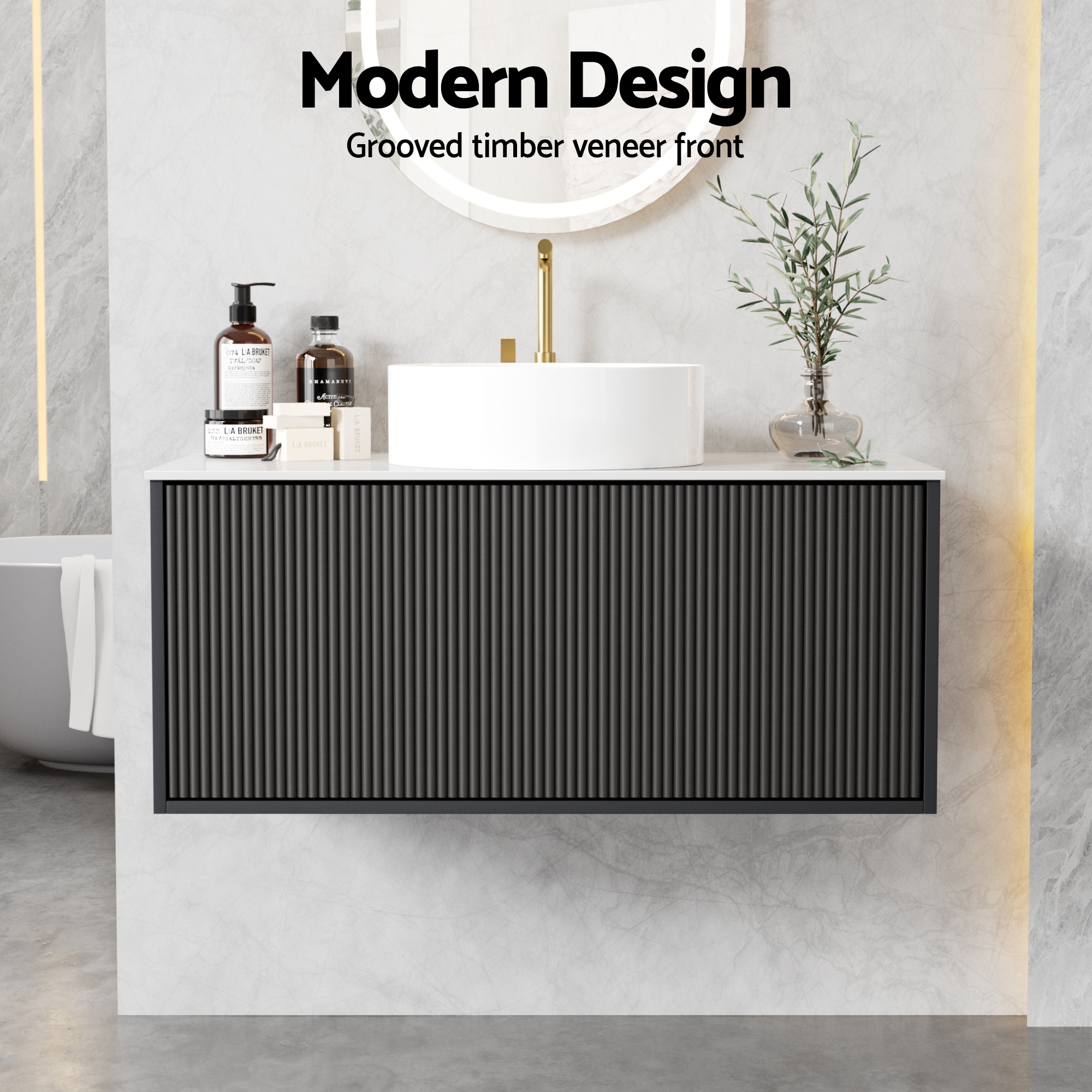 Cefito 900mm Wall Hung Vanity Unit, Grooved Black Timber view 5