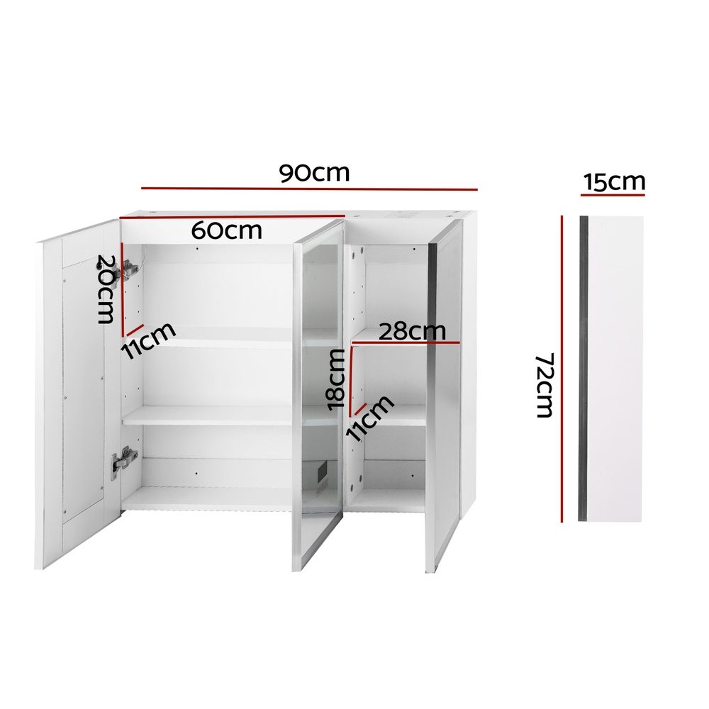 Cefito Bathroom Mirror Cabinet LED 900x720mm 3-Door Storage view 2