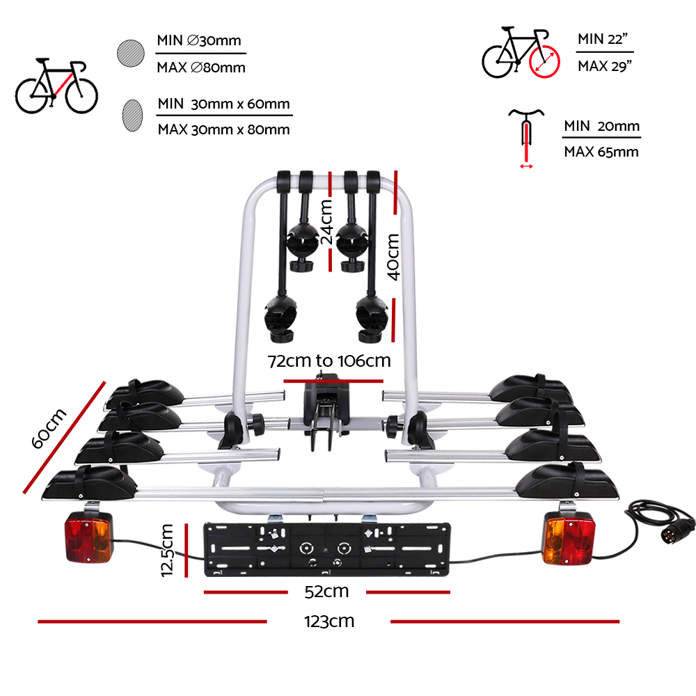 Giantz 4 Bike Carrier Rack Towbar Ball Mount with Lights view 2
