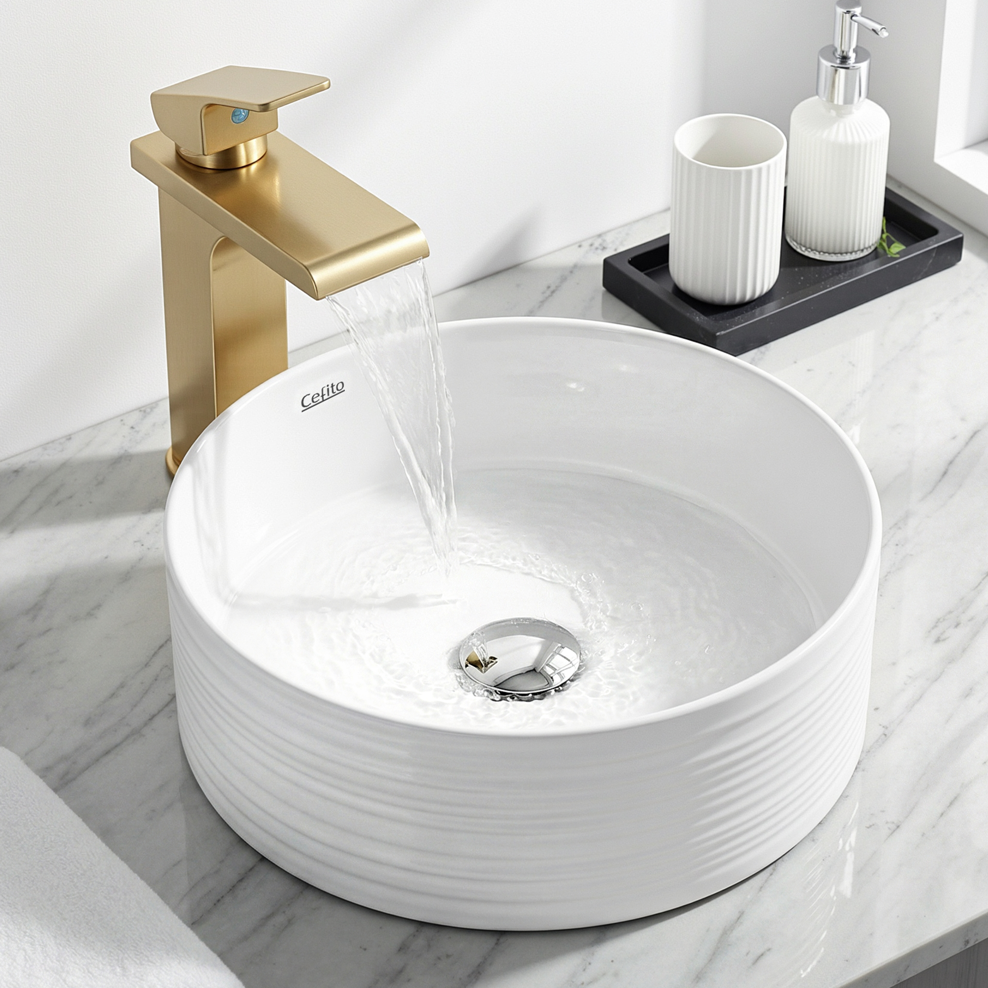 Cefito Round Ceramic Vanity Sink, White Countertop, 36cm