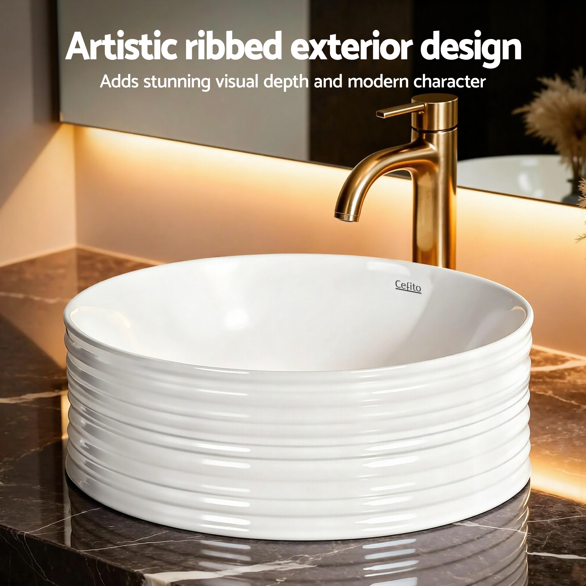 Cefito Round Ceramic Vanity Sink, White Countertop, 36cm view 5